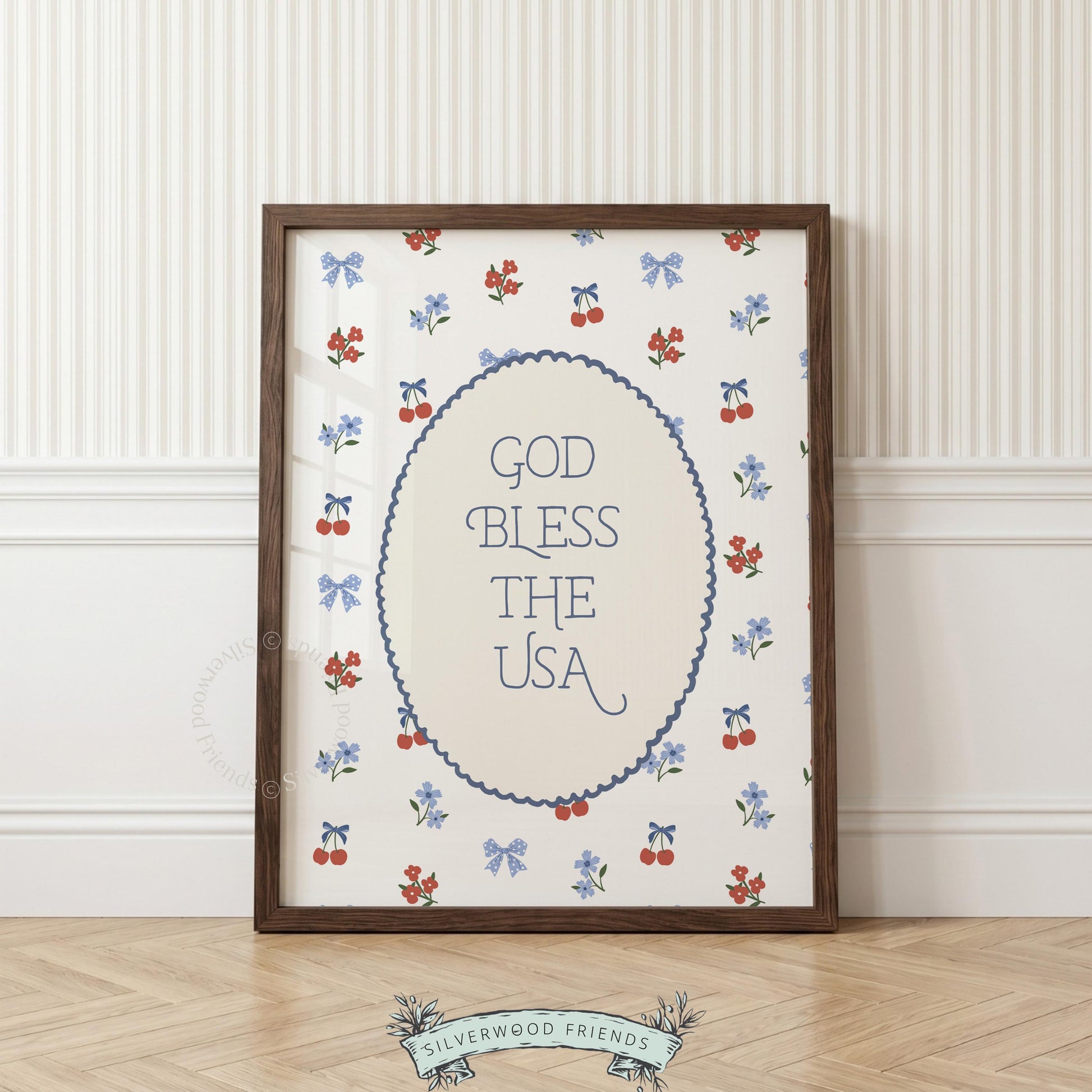 Vintage-inspired patriotic artwork with coquette design elements, blue bows and red cherries gallery wall art
