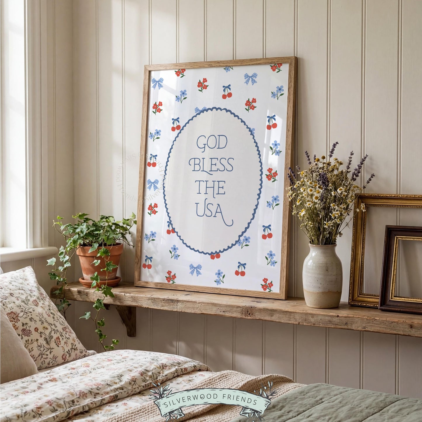 Land of the Free USA quote digital print with coquette farmhouse style cherry and floral motif artwork
