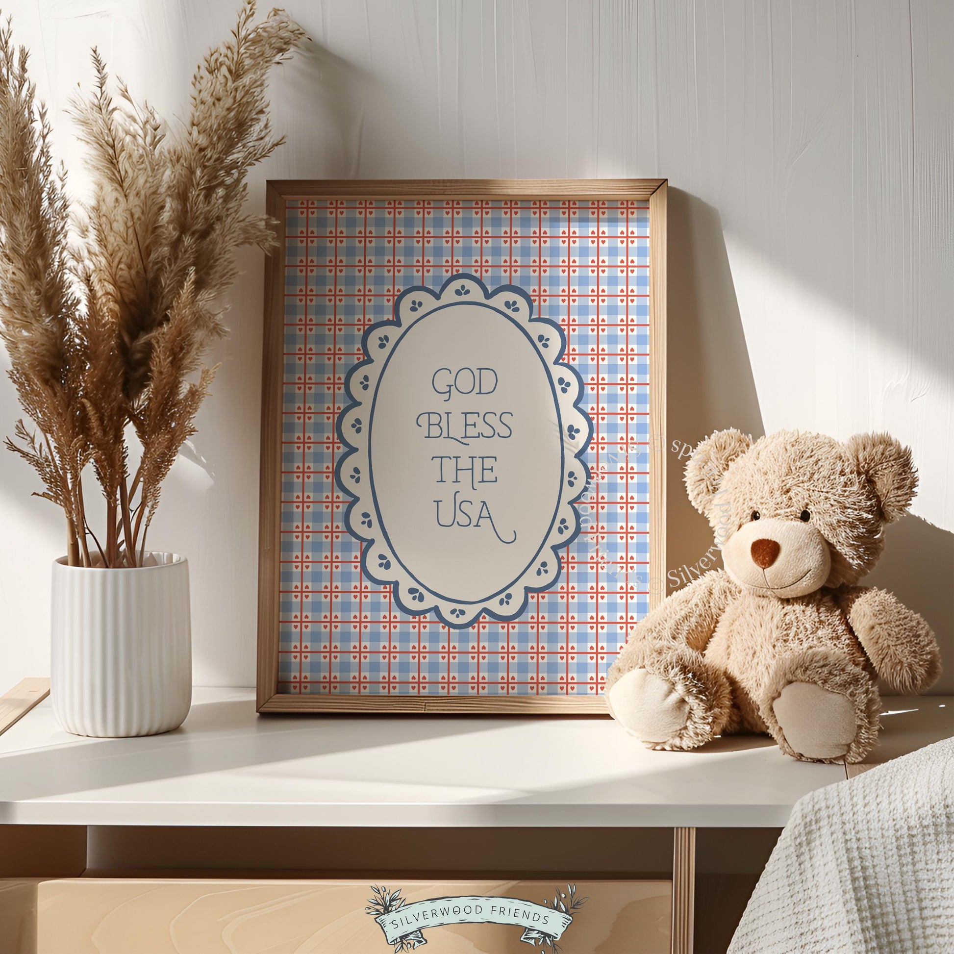 Vintage Americana printable picture for entryway — "God Bless the USA" text with retro plaid frame and scalloped oval design