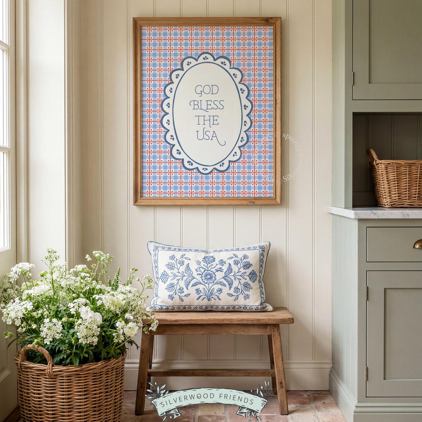 Cottagecore "God Bless America" gallery wall art — vintage printable poster with classic plaid and scalloped botanical details