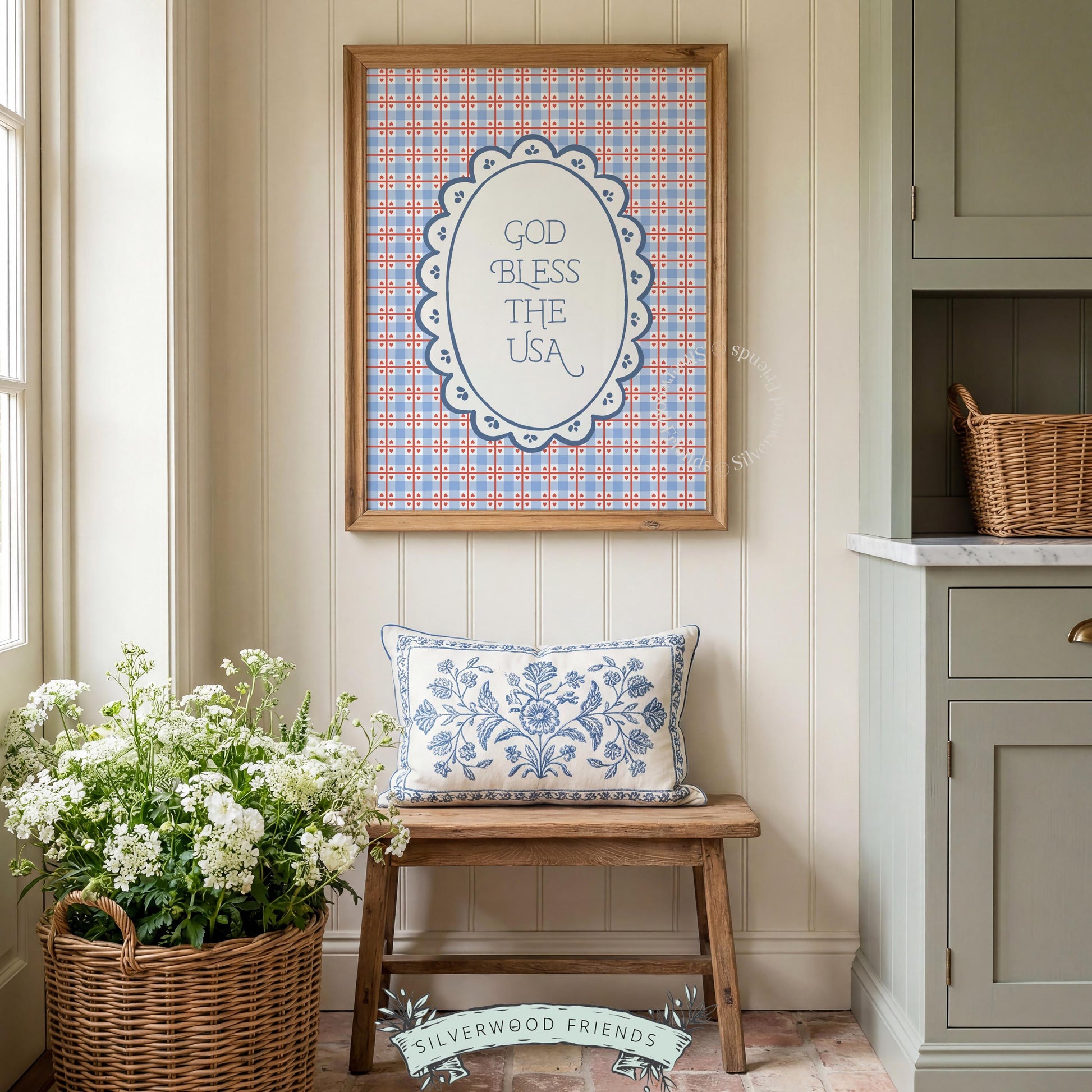 Cottagecore "God Bless America" gallery wall art — vintage printable poster with classic plaid and scalloped botanical details