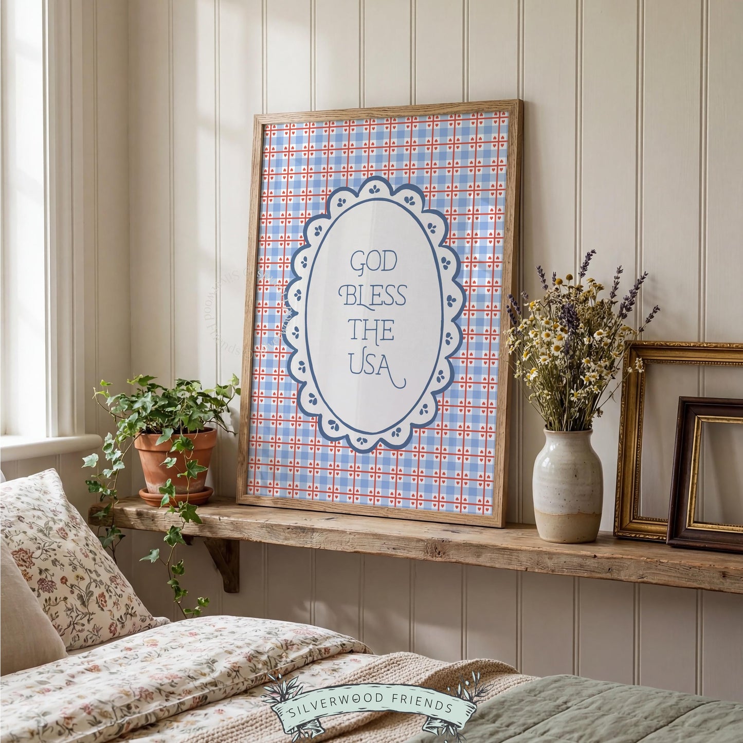 Patriotic typography picture for gallery wall — vintage cottage aesthetic with gingham check and delicate scalloped details