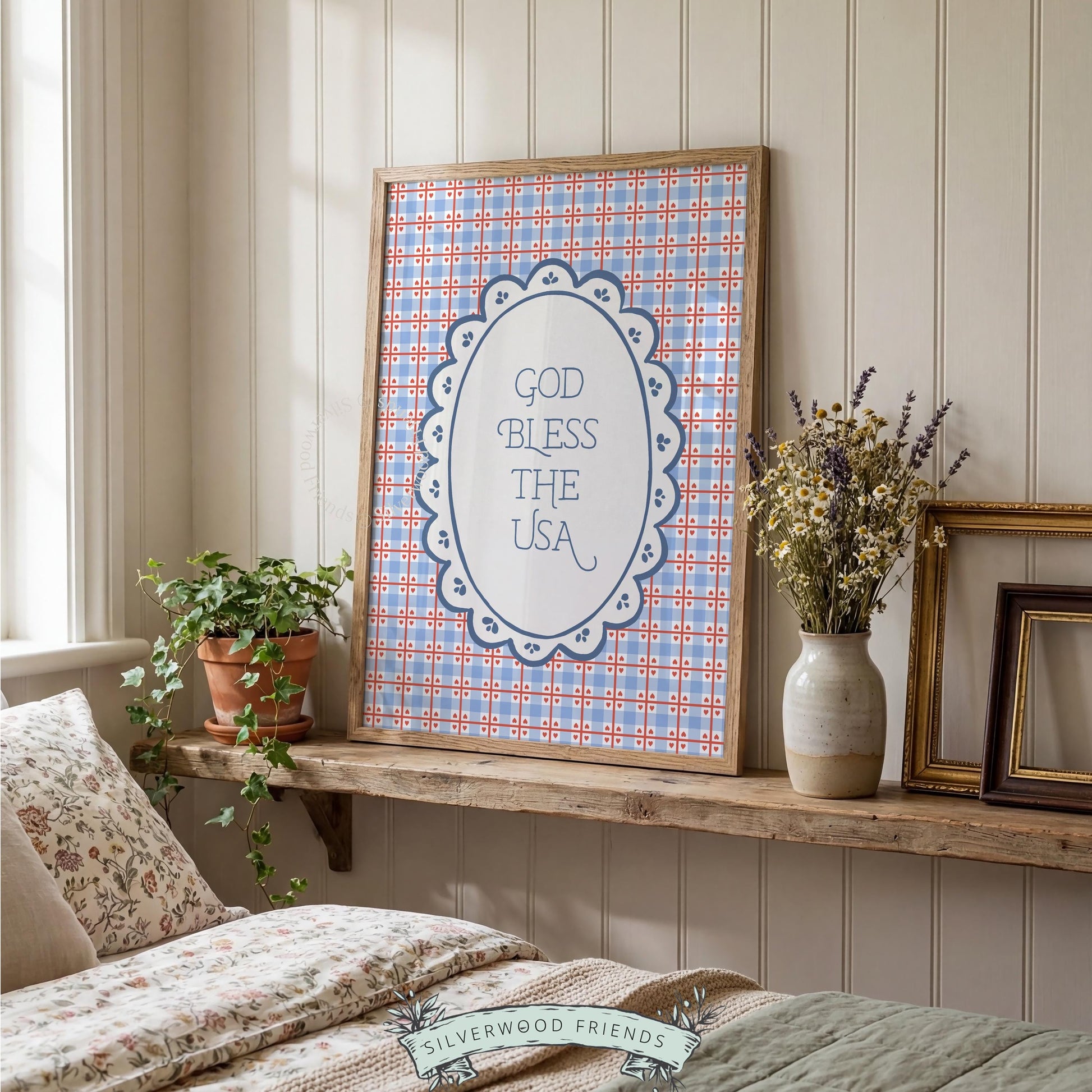 Patriotic typography picture for gallery wall — vintage cottage aesthetic with gingham check and delicate scalloped details