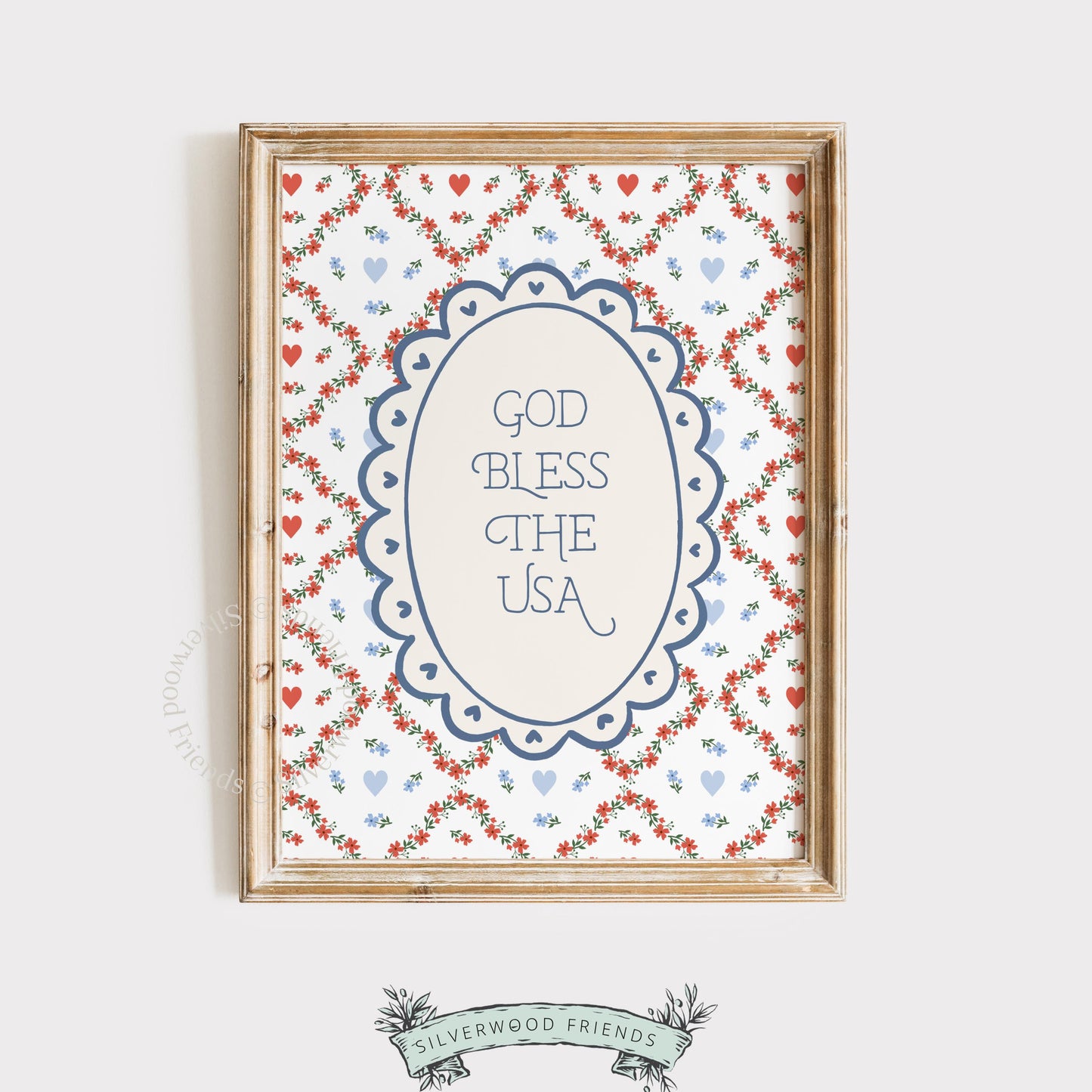 God Bless USA gallery wall art printable — retro cottage-inspired poster with repeating red, white, blue hearts and vintage botanical accents