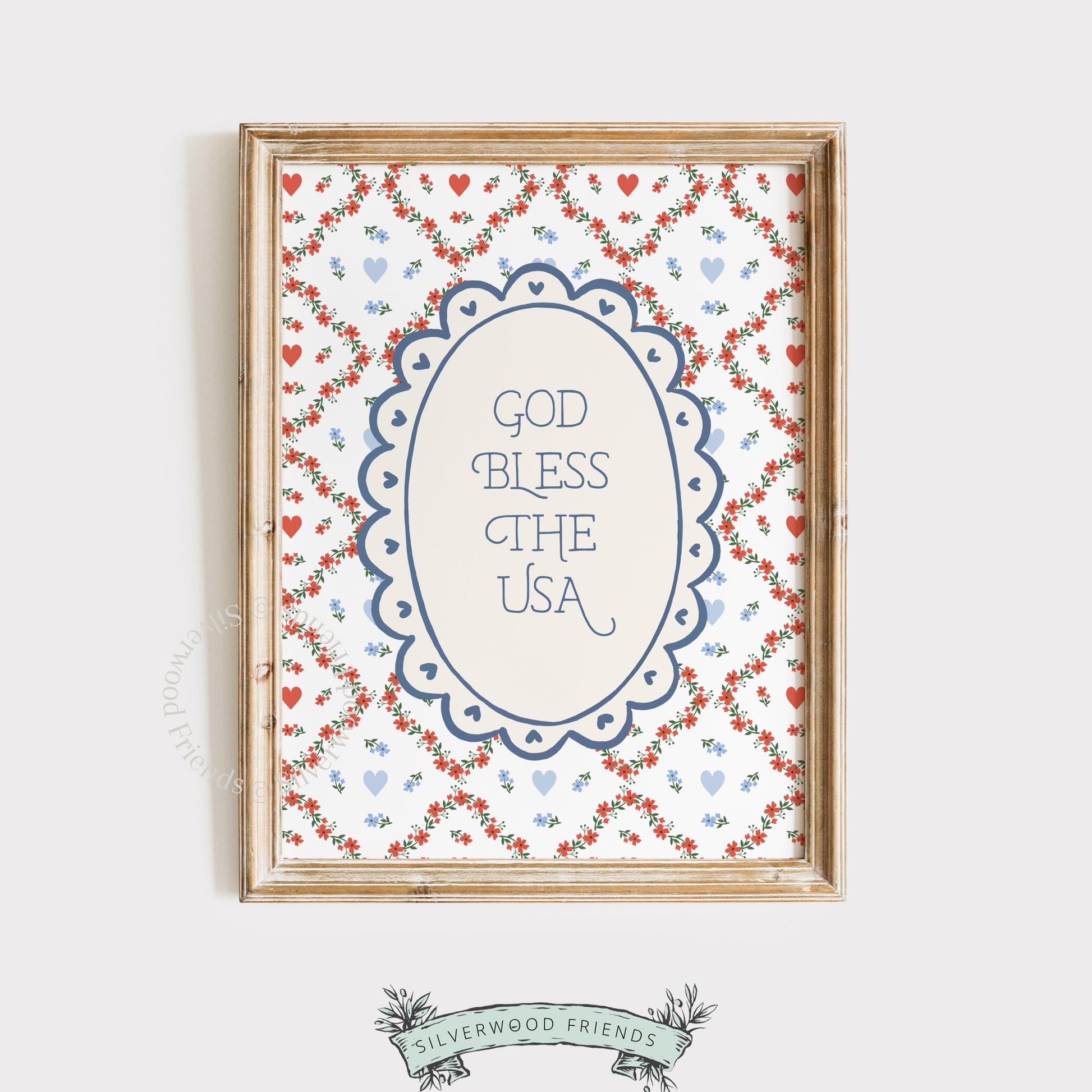 God Bless USA gallery wall art printable — retro cottage-inspired poster with repeating red, white, blue hearts and vintage botanical accents