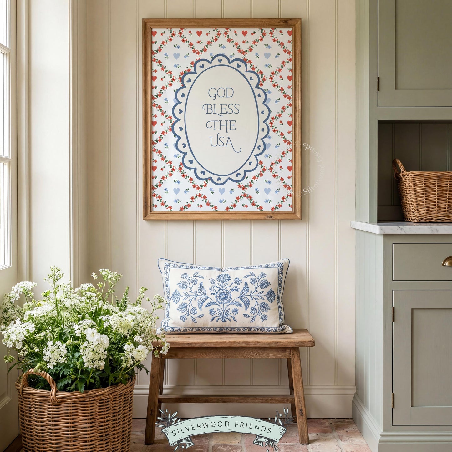 God Bless USA instant download art for summer decor — retro folk design with red and blue hearts on cream background