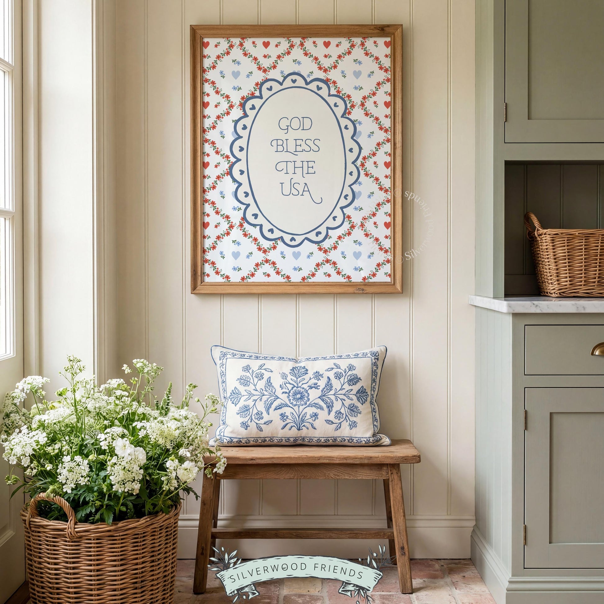 God Bless USA instant download art for summer decor — retro folk design with red and blue hearts on cream background