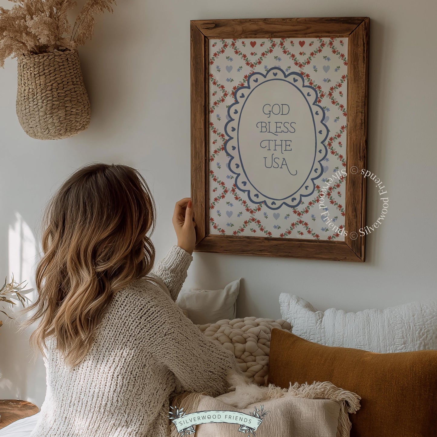 God Bless America typography wall print for bedroom — cottage aesthetic with heart trellis pattern on light background