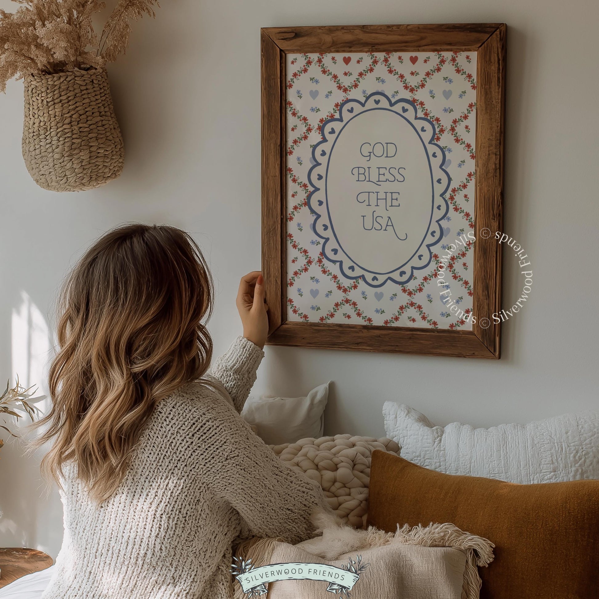 God Bless America typography wall print for bedroom — cottage aesthetic with heart trellis pattern on light background