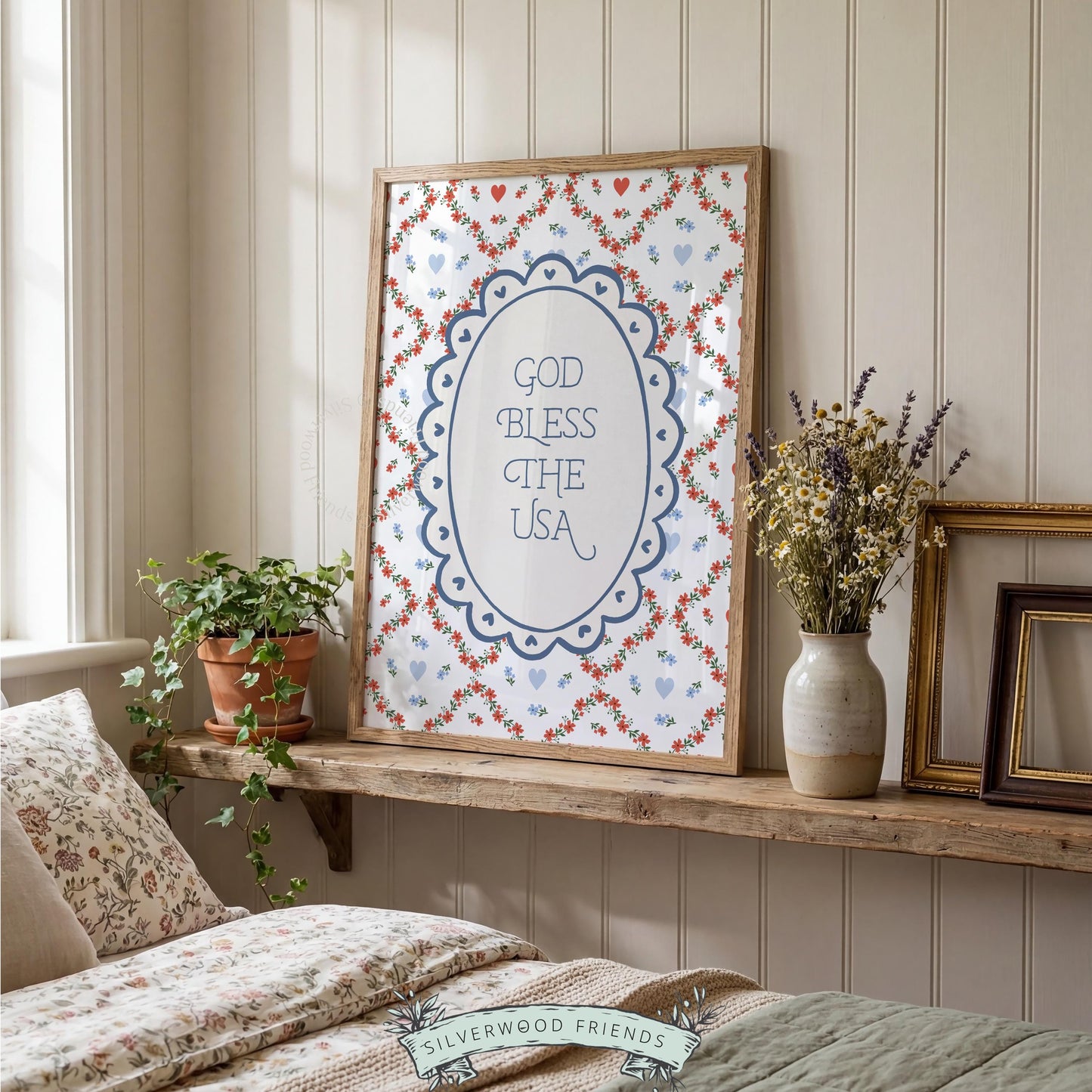 Patriotic typography picture for living room — cottagecore-inspired print with classic heart border and vintage farmhouse feel