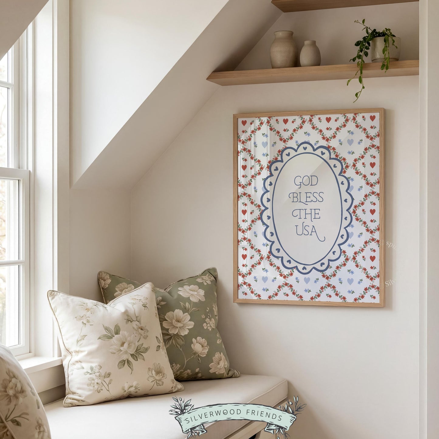 Home of the Brave vintage picture printable for entryway — ornate scalloped oval with patriotic hearts and folksy florals