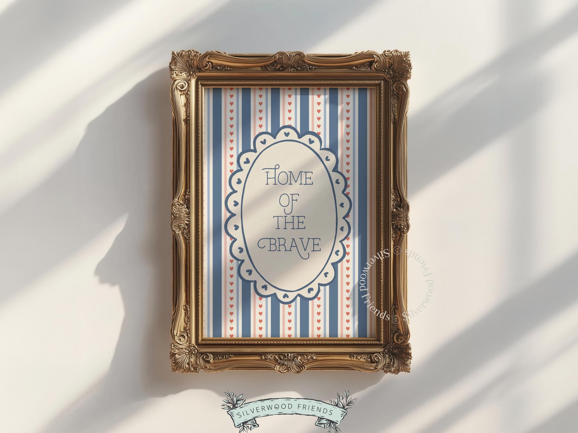 Farmhouse patriotic picture poster download — sweet-toned USA typography with classic oval badge and striped aesthetic