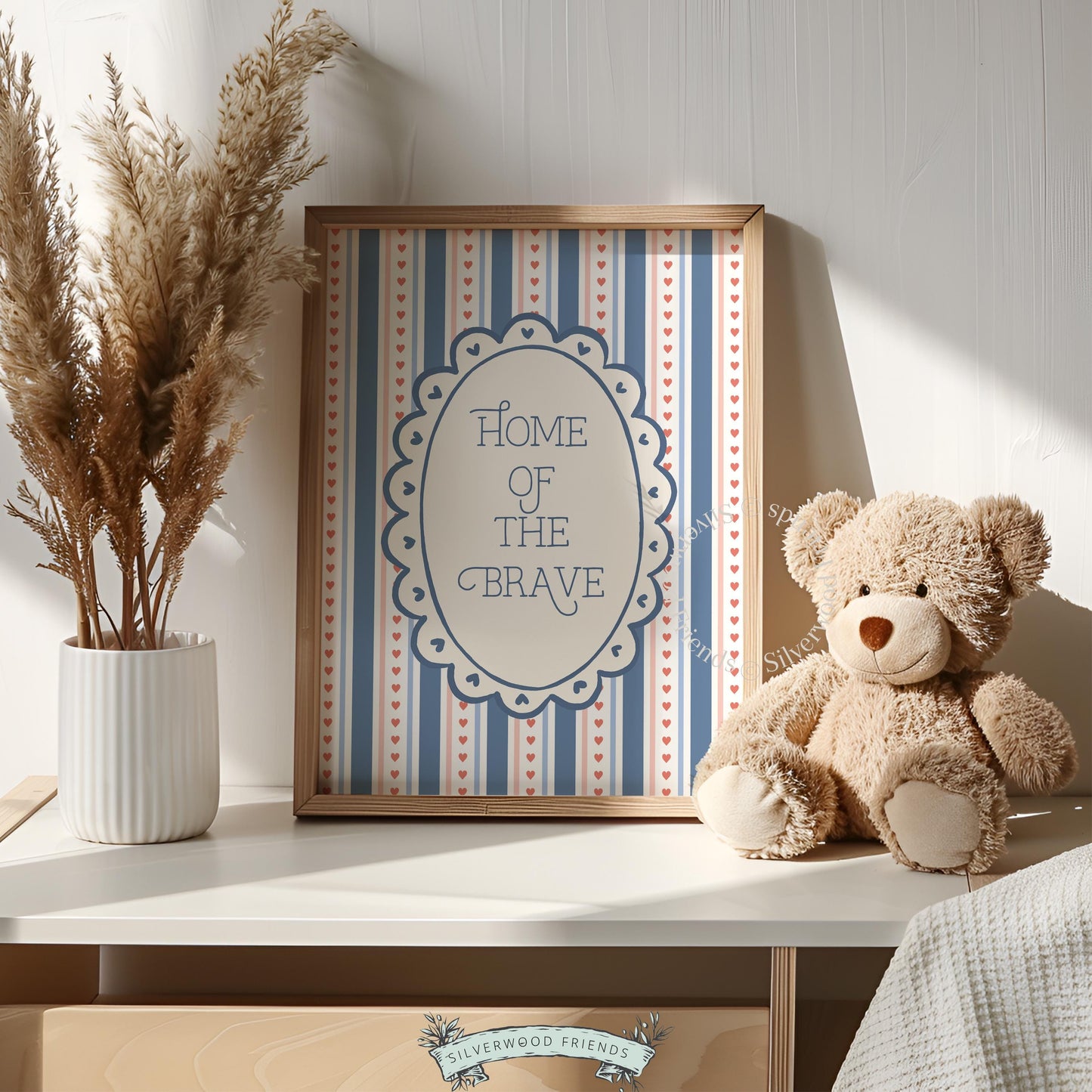 Retro patriotic typography digital wall poster for dorm — charming scalloped-frame design with Americana cottage vibes