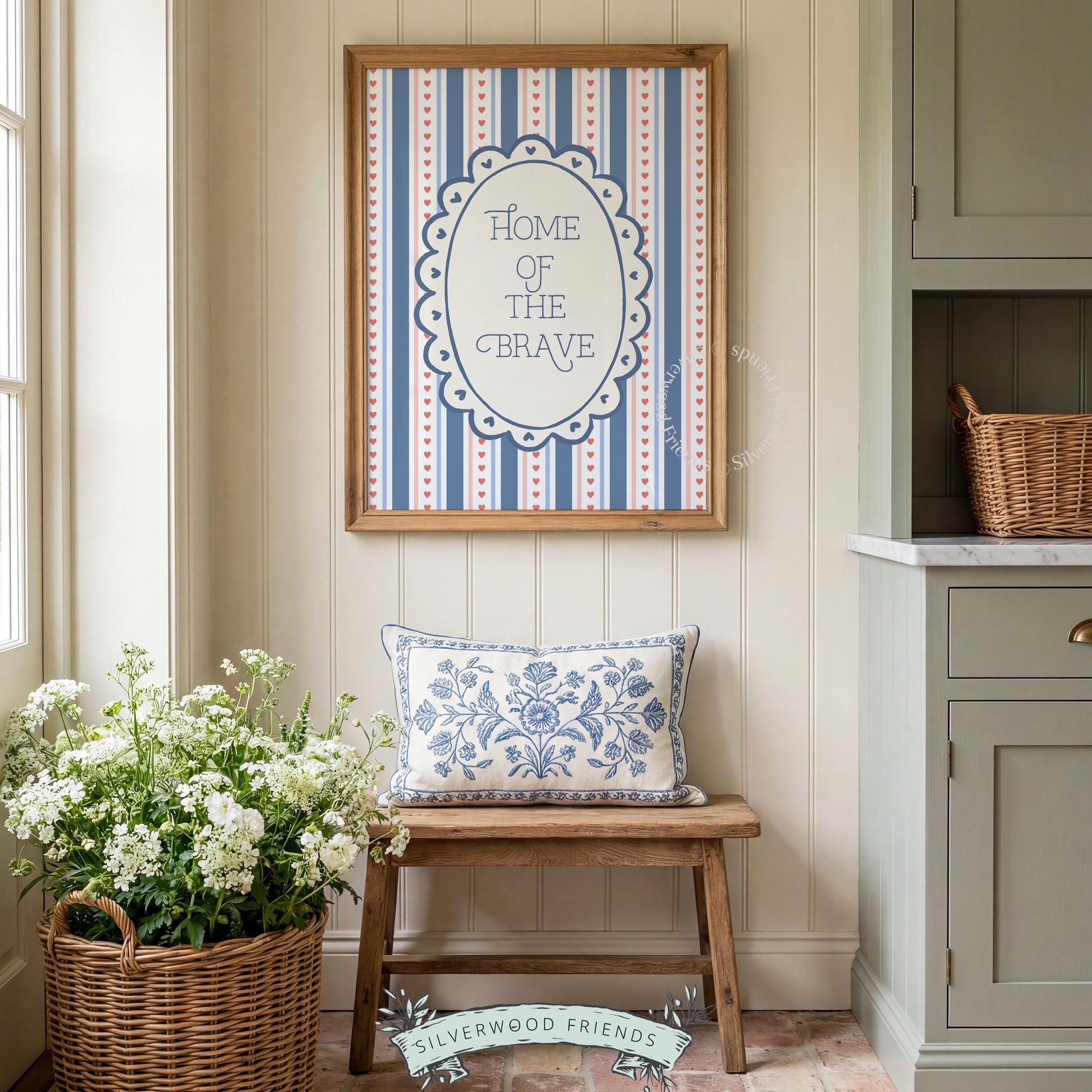 Cottage-style USA typography wall print for bathroom — vintage badge design with nostalgic striped background