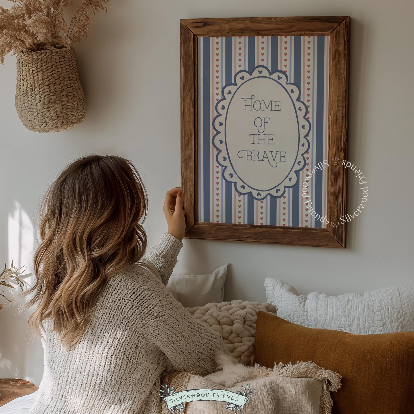 Cottagecore Americana printable wall picture — charming lettering art with striped background and sweet red accents