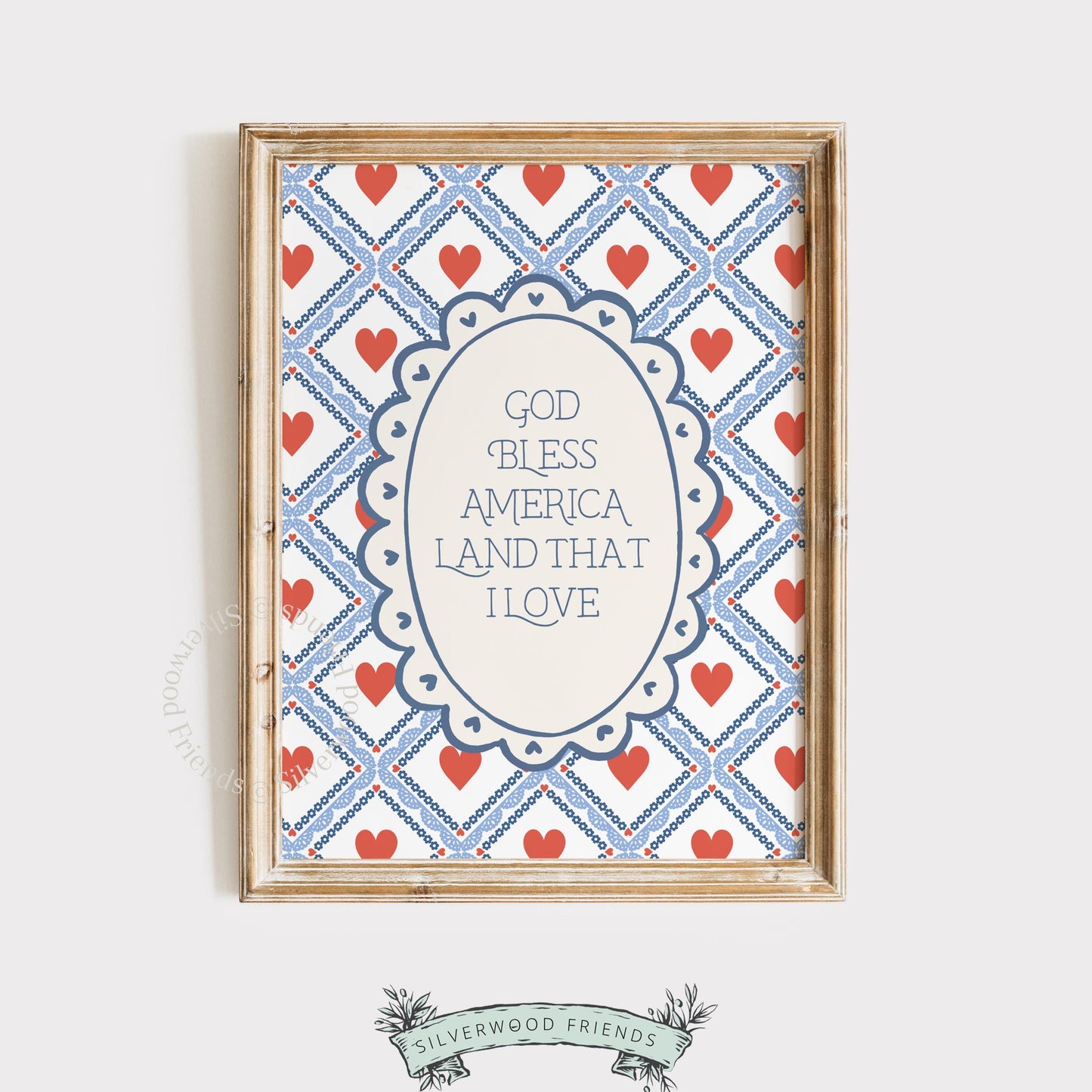 Patriotic holiday poster with vintage-cottage vibe — red white blue lattice and charming oval frame design