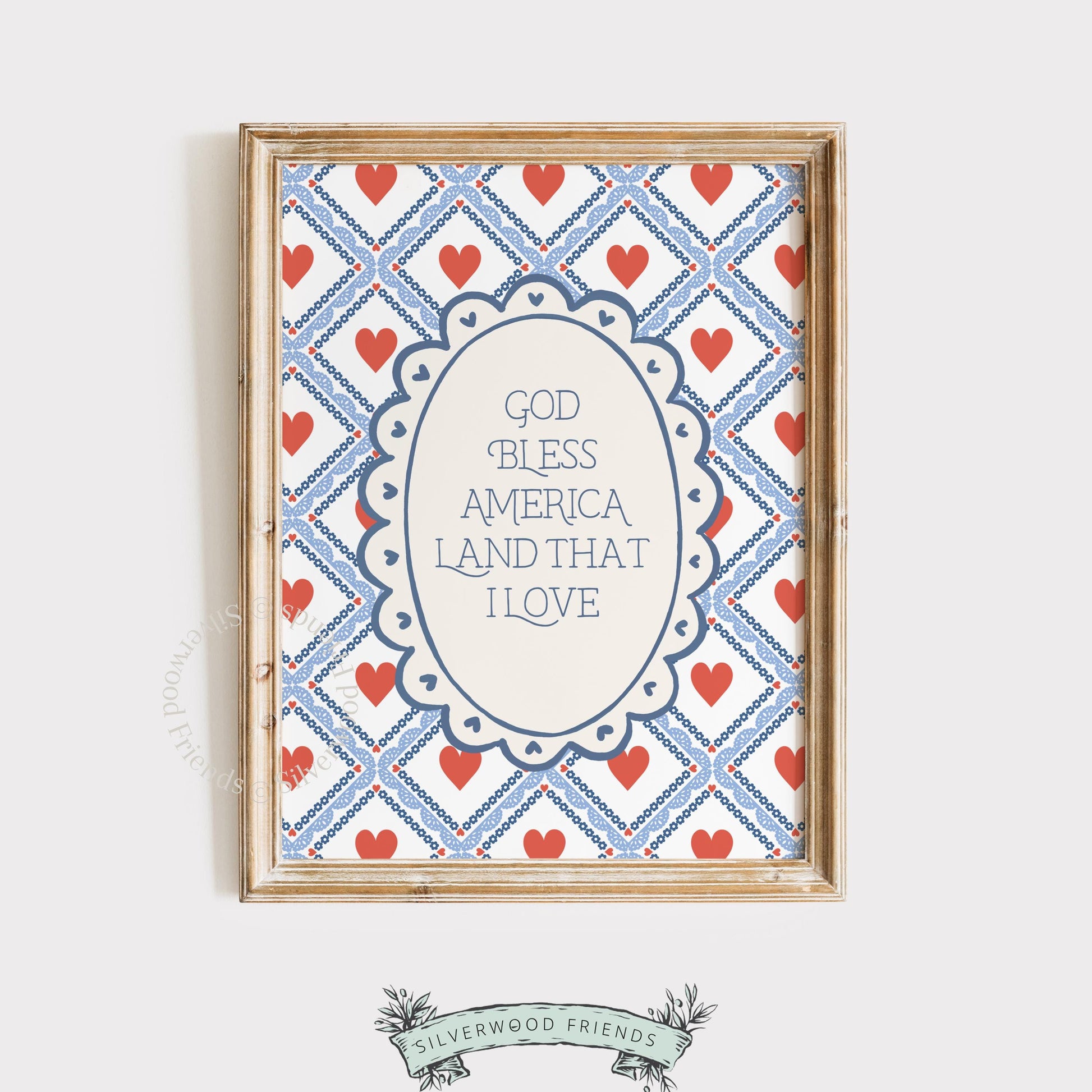 Patriotic holiday poster with vintage-cottage vibe — red white blue lattice and charming oval frame design
