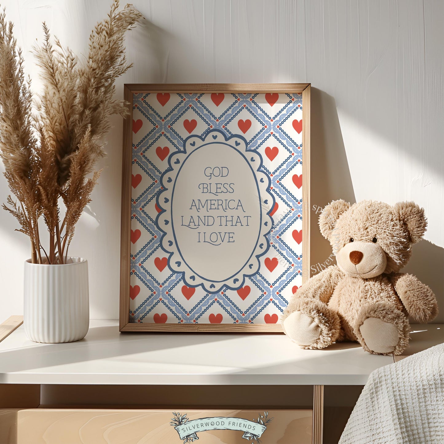 Cottagecore patriotic poster for summer decor — vintage typography with festive red heart accents