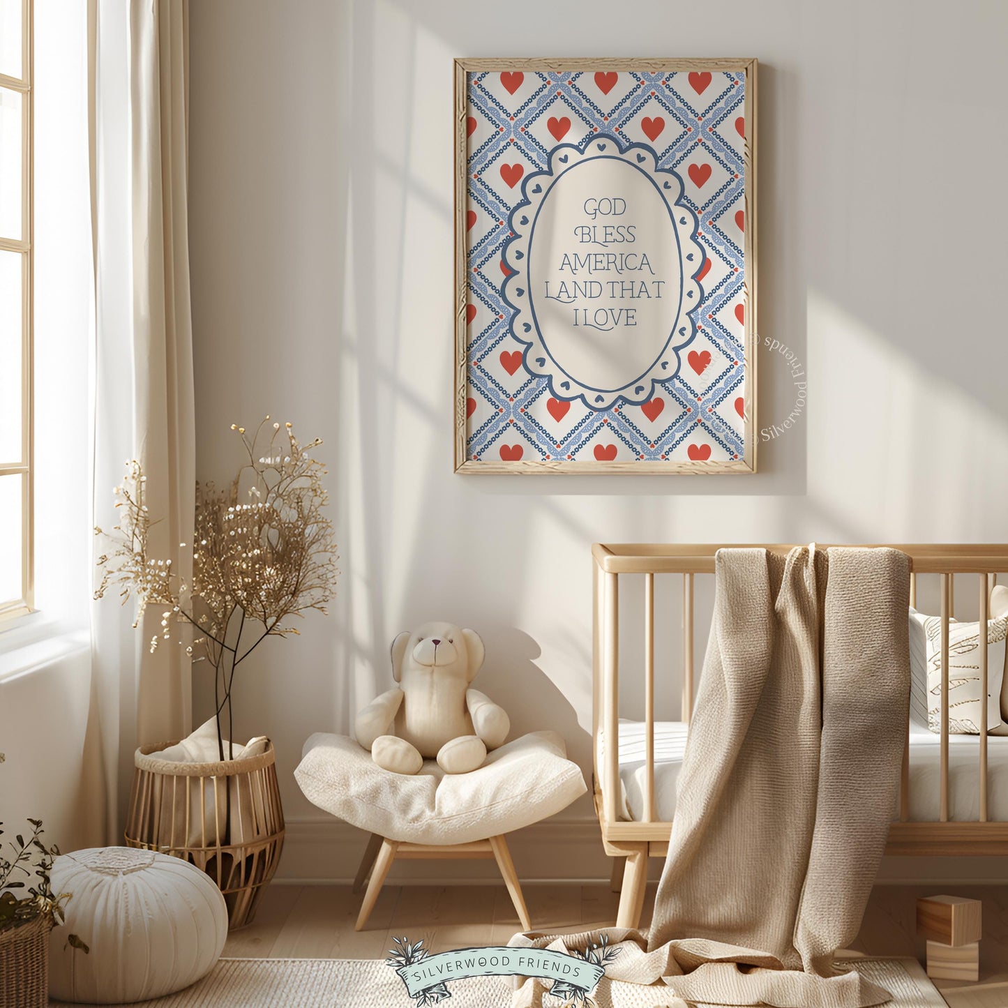 Americana cottage-style artwork instant download — cheerful red hearts and vintage lattice pattern