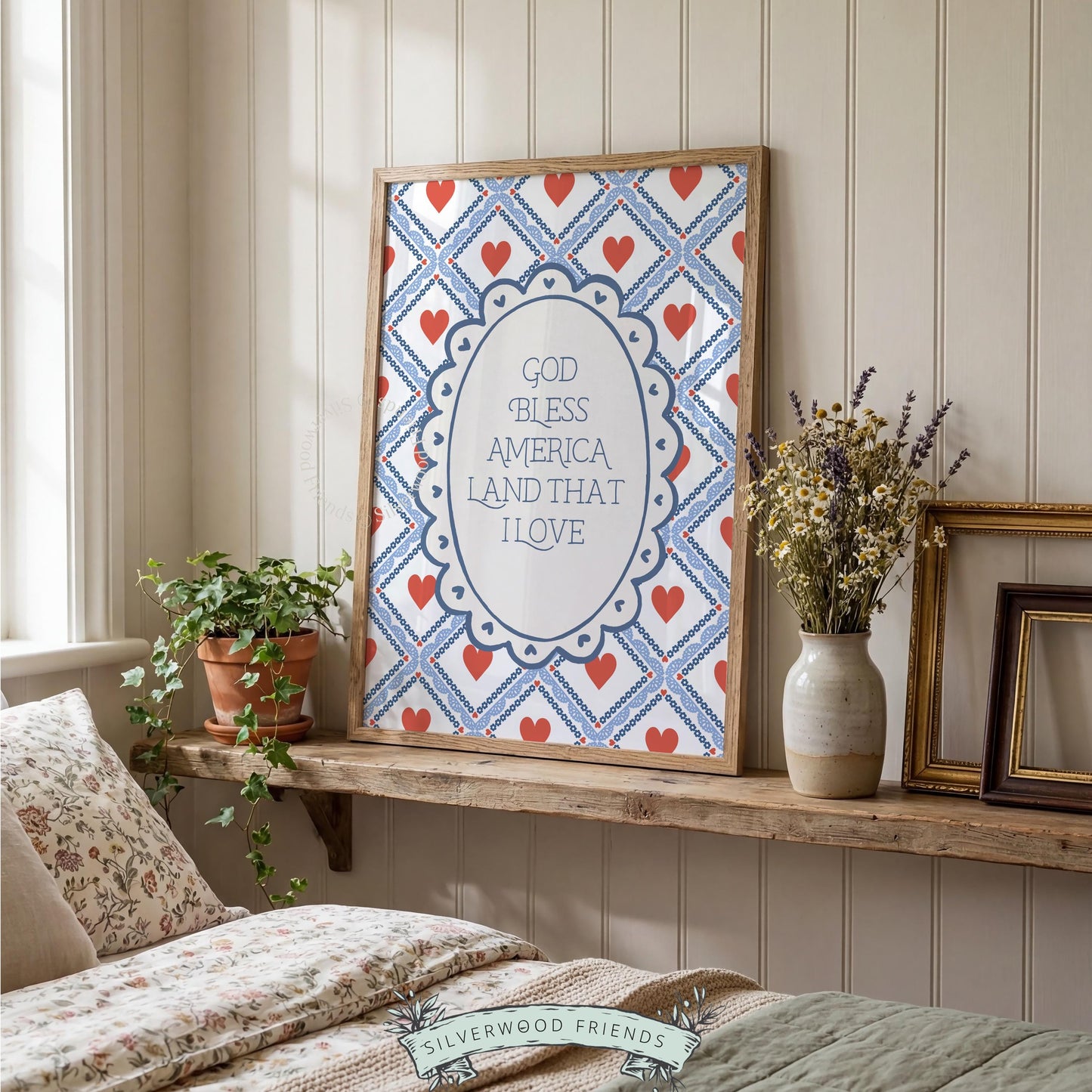 God Bless America digital print with cottagecore aesthetic — vintage-inspired typography and festive holiday artwork