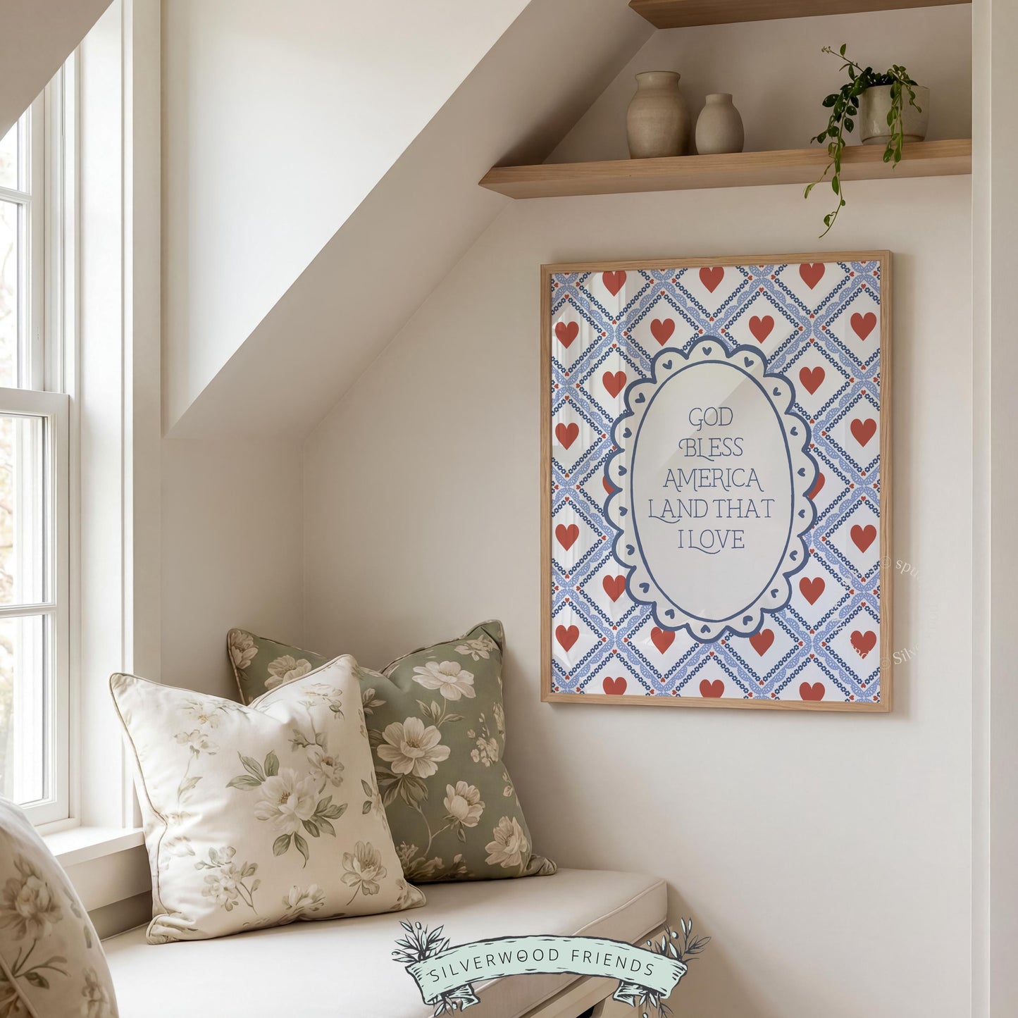 Patriotic wall picture for Fourth of July — charming scalloped frame with red hearts and classic geometric diamond pattern