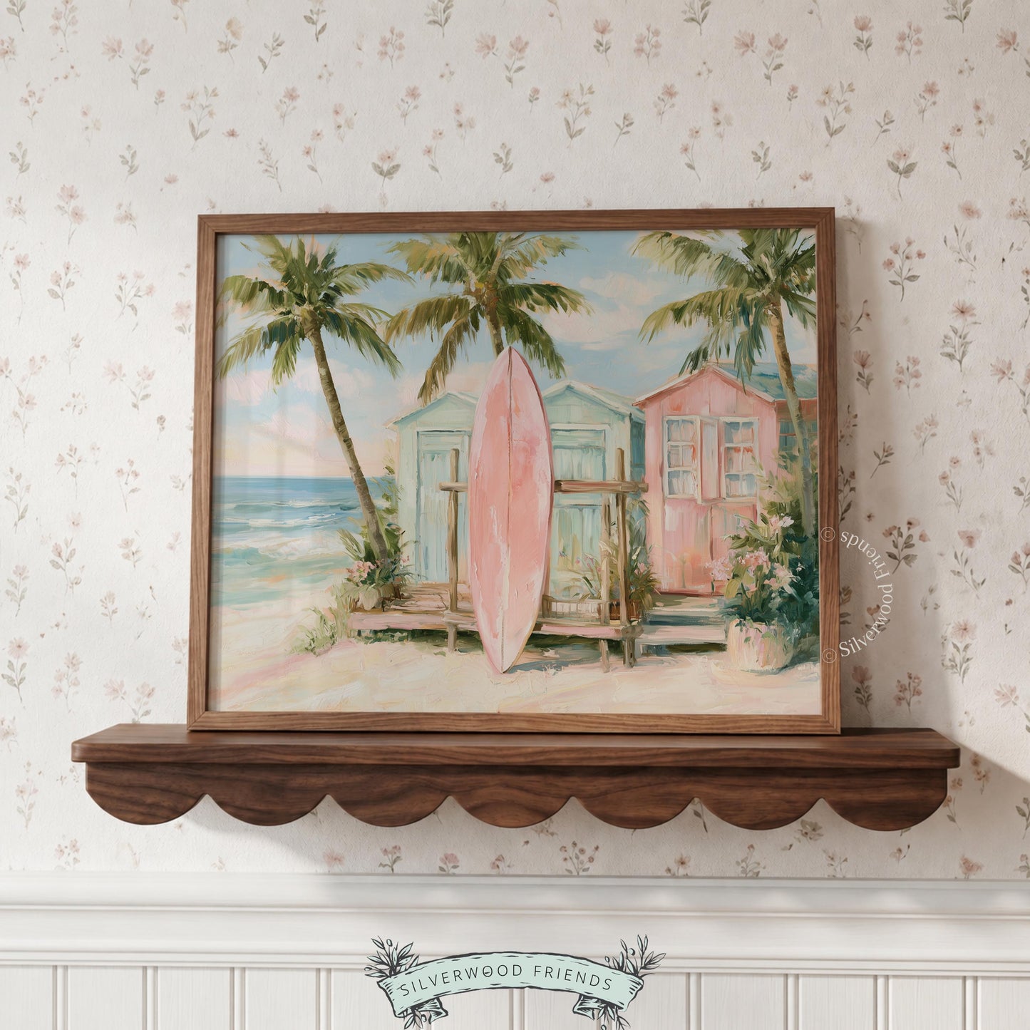 Watercolor surfboard wall art for a relaxation corner — dreamy pastel scene with gentle brushstrokes and tropical greenery.