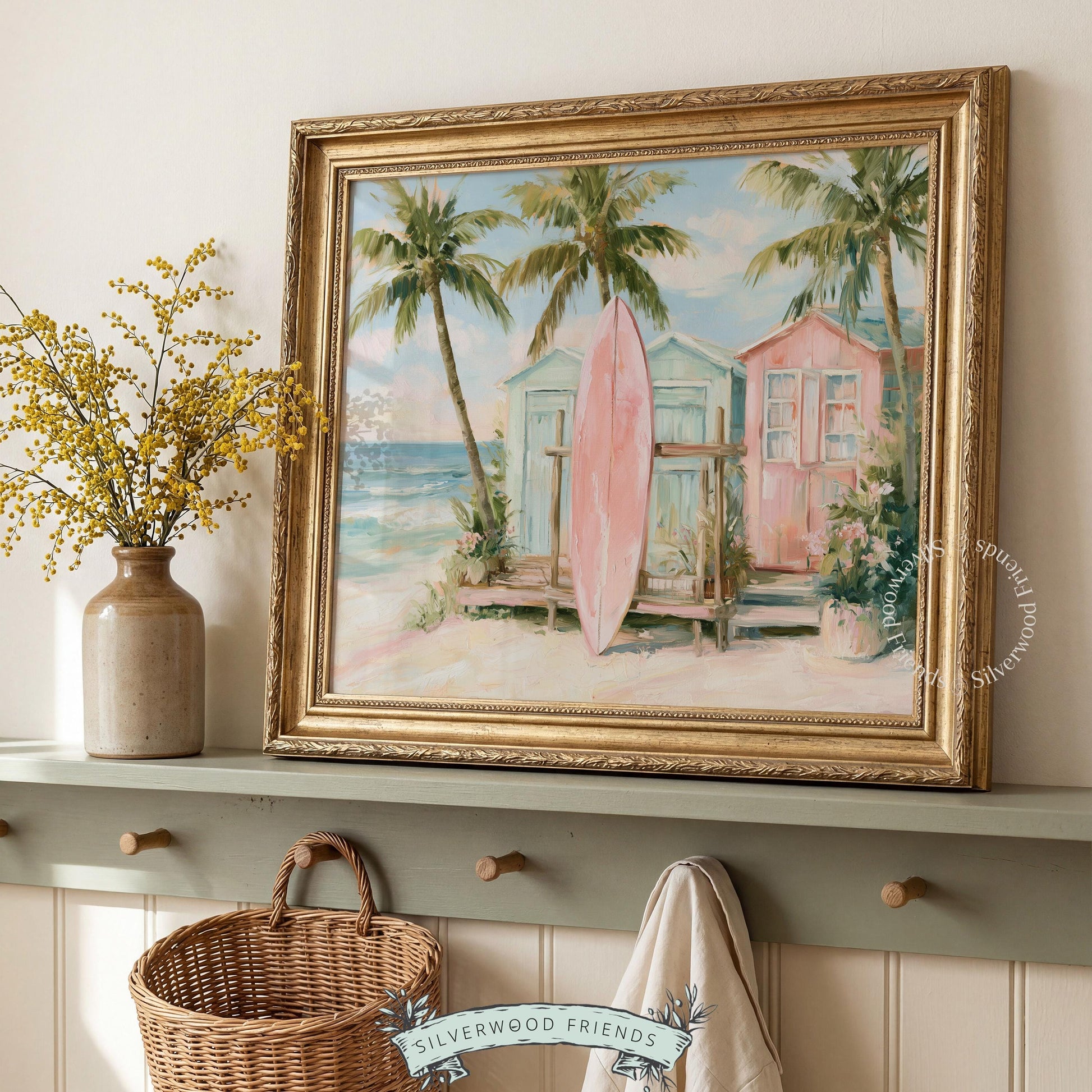 Pastel beach poster for seaside cabin — charming artwork showcasing a pink surfboard beside mint beach huts and ocean waves.
