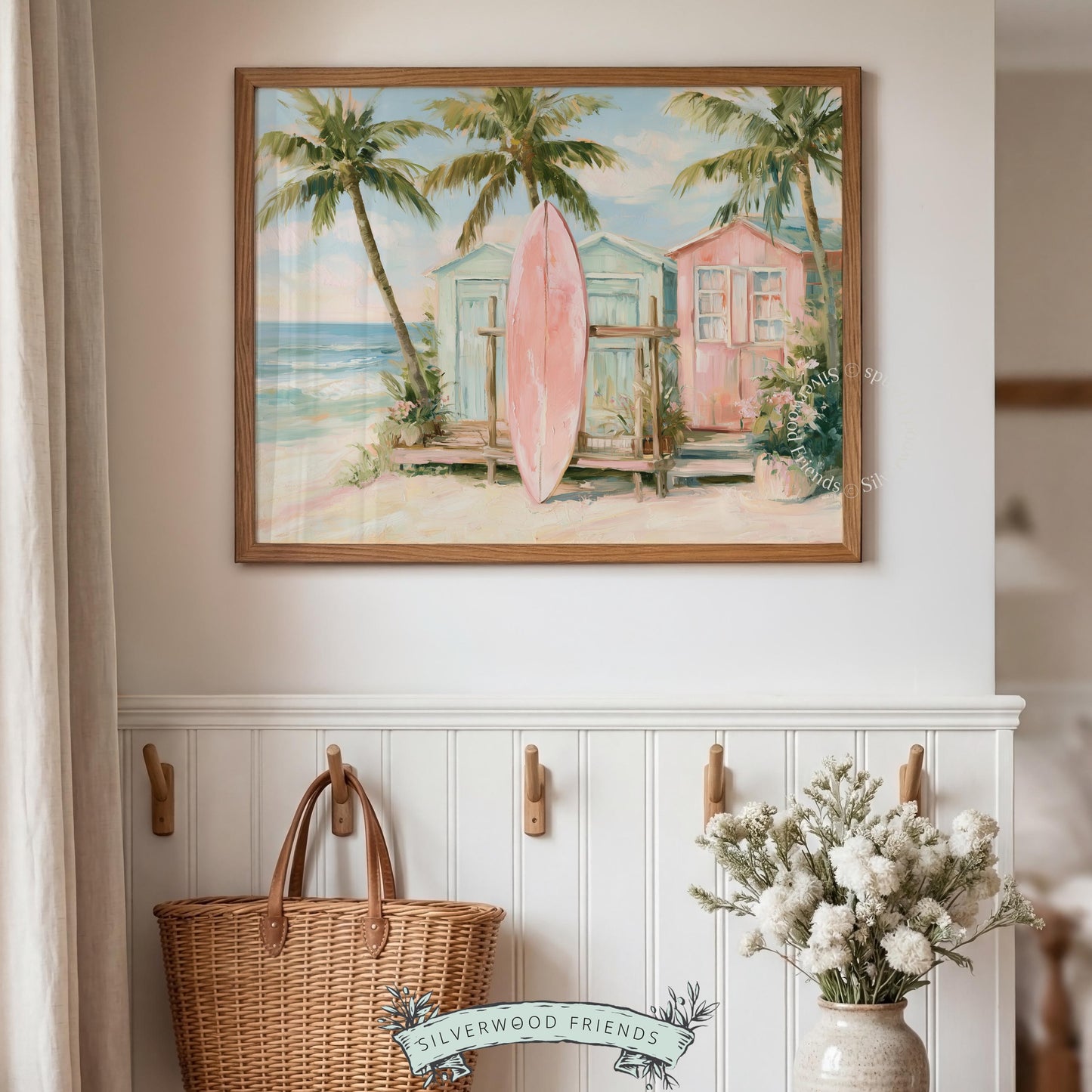 Ocean-inspired printable art for bathroom — serene watercolor scene featuring a pink surfboard and swaying palms.