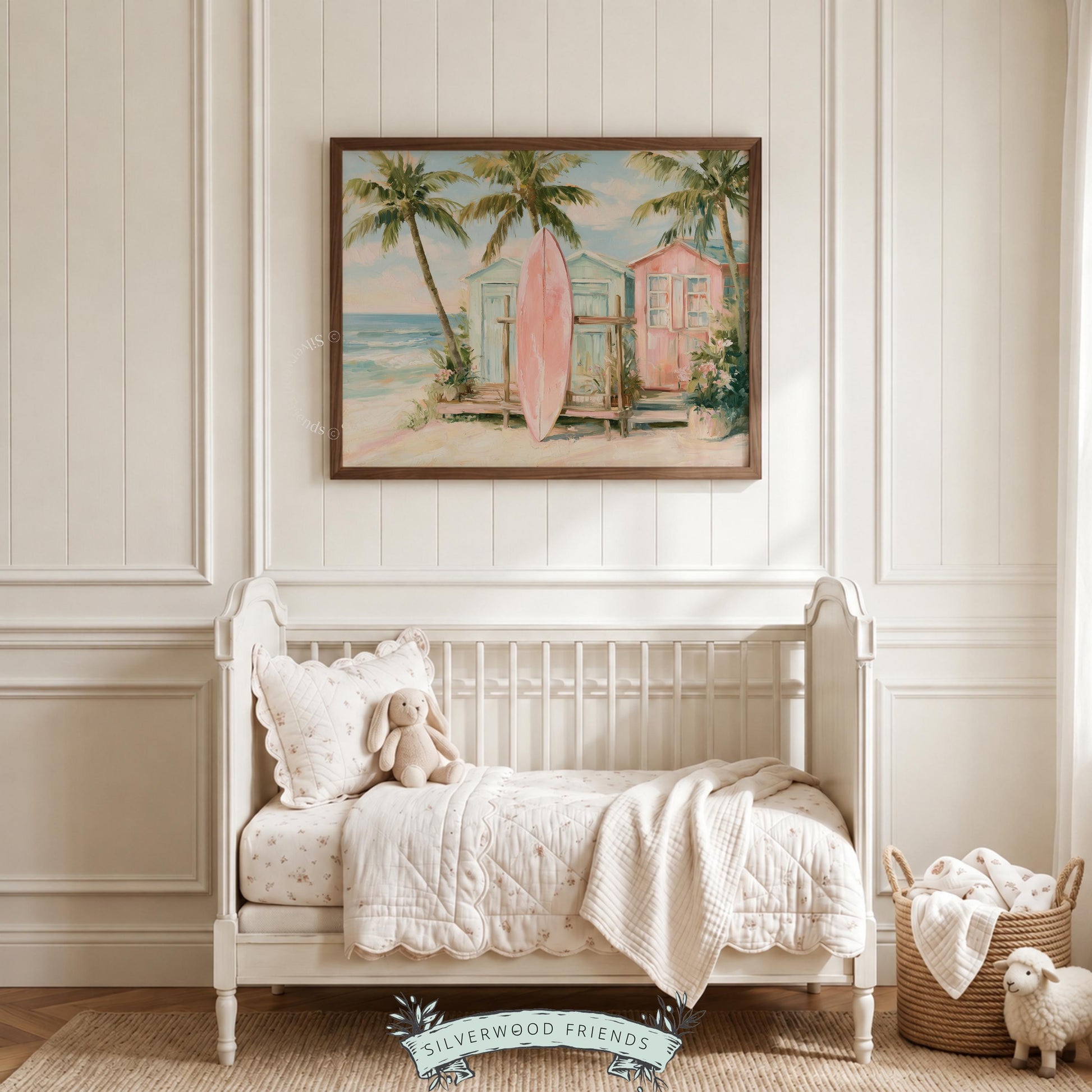 Surfboard poster for playroom walls — beautifully painted illustration with pastel colors and coastal greenery.