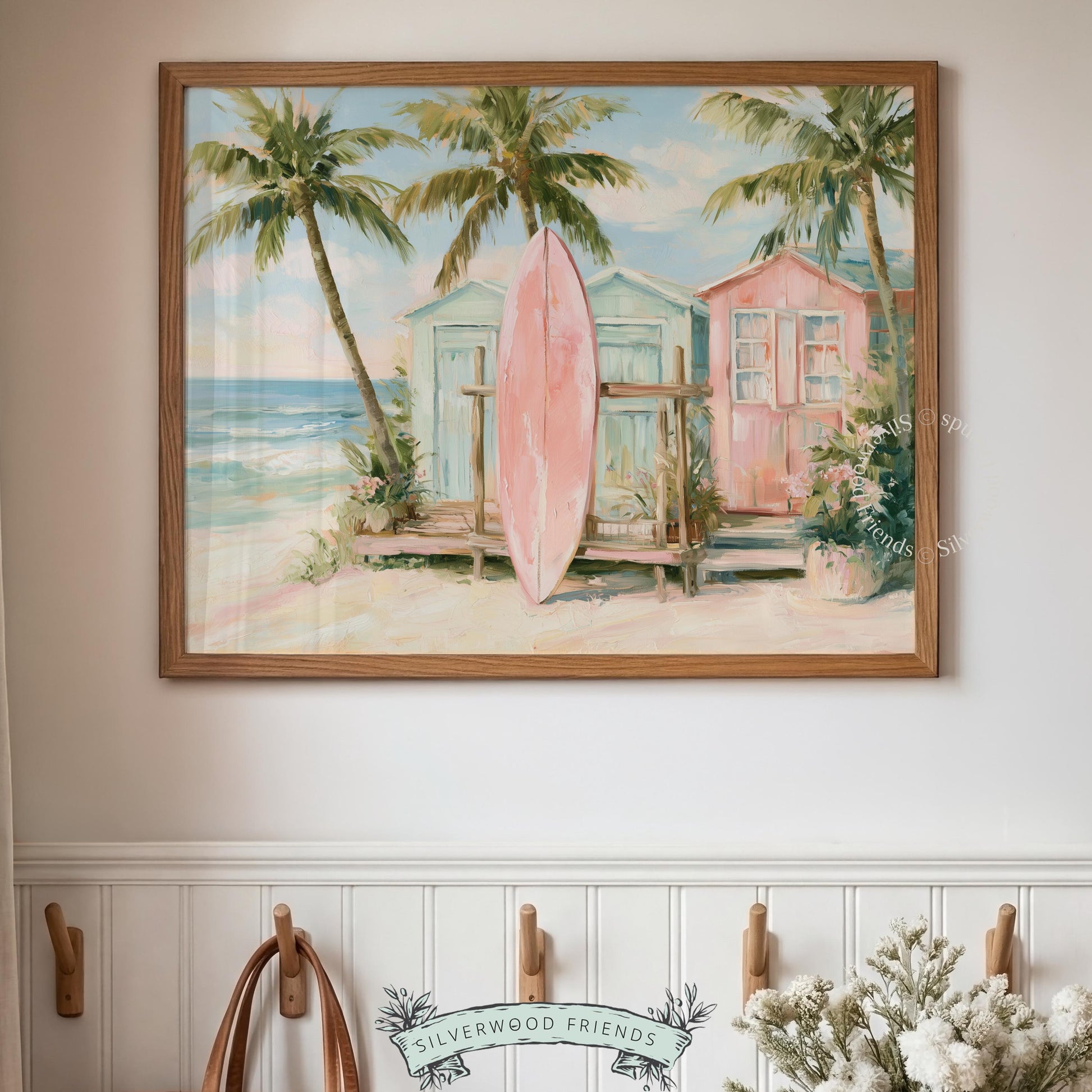 Beach-themed art for living room — relaxing watercolor of a pink surfboard leaned against beach huts in soft tones.