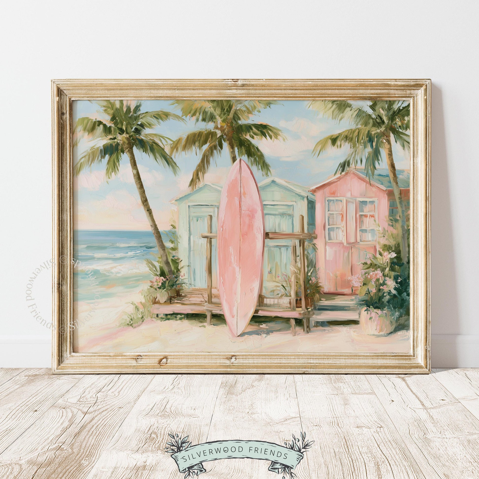 Surfboard artwork for sunroom — soft seaside colors capturing the tranquility of palm trees and ocean waves.