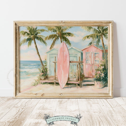 Surfboard artwork for sunroom — soft seaside colors capturing the tranquility of palm trees and ocean waves.