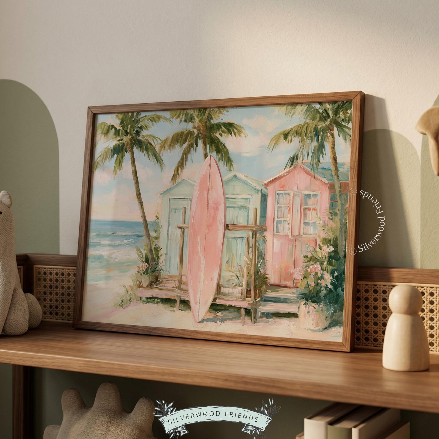 Watercolor beach art for a summer getaway — showcasing a pink surfboard center stage with mint beach huts.