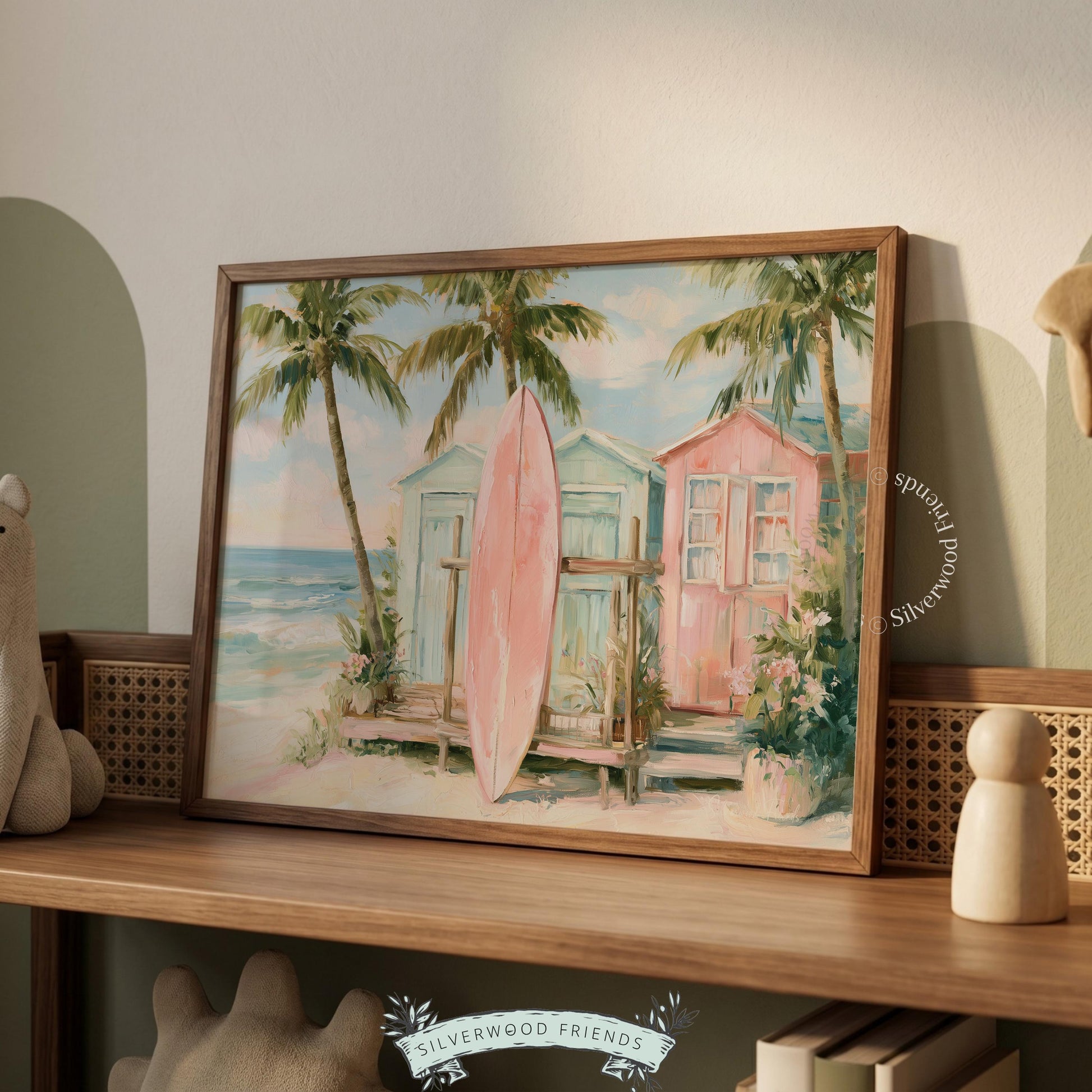 Watercolor beach art for a summer getaway — showcasing a pink surfboard center stage with mint beach huts.