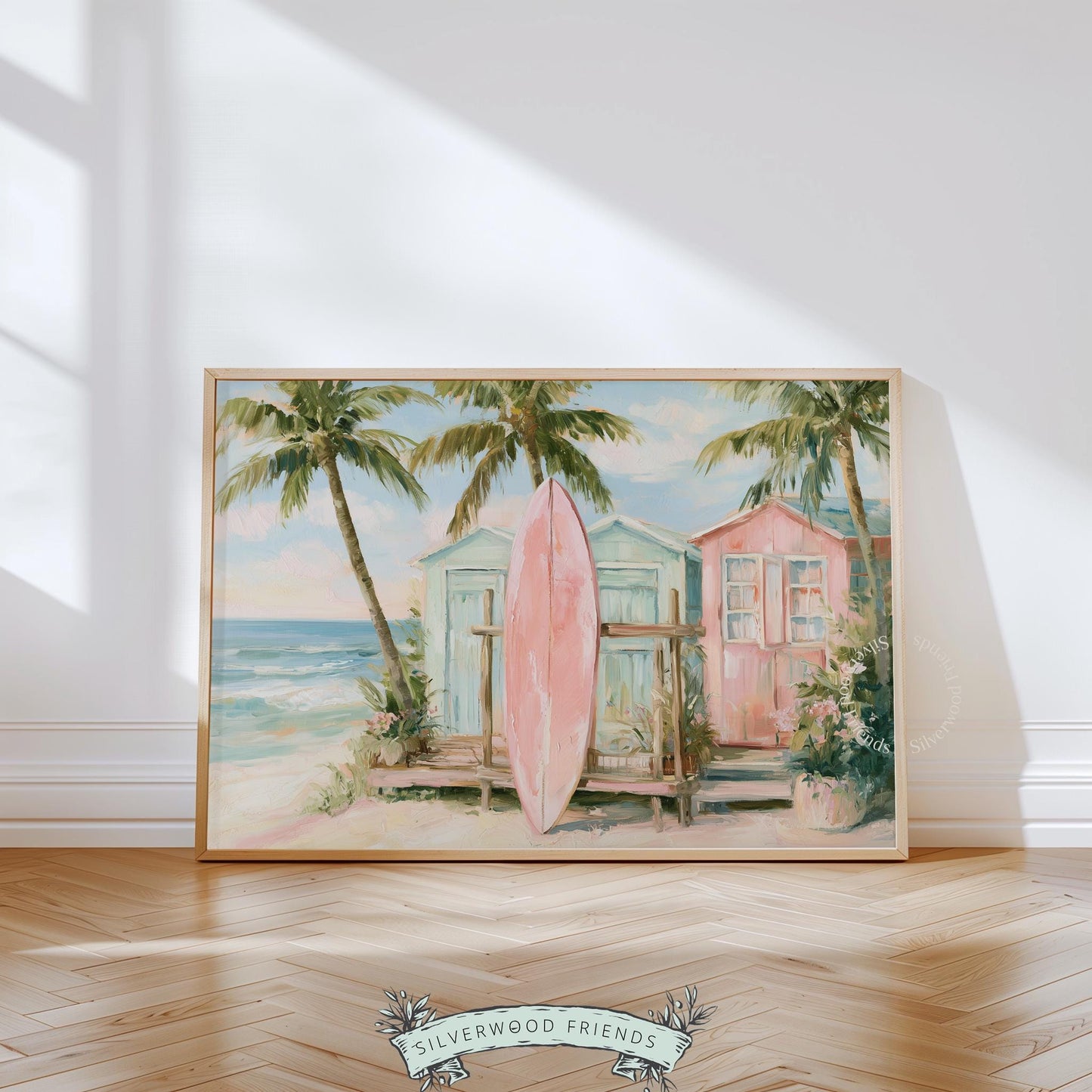Vintage-inspired surfboard painting for home office — peaceful coastal atmosphere with a pink board leaning against beach huts.