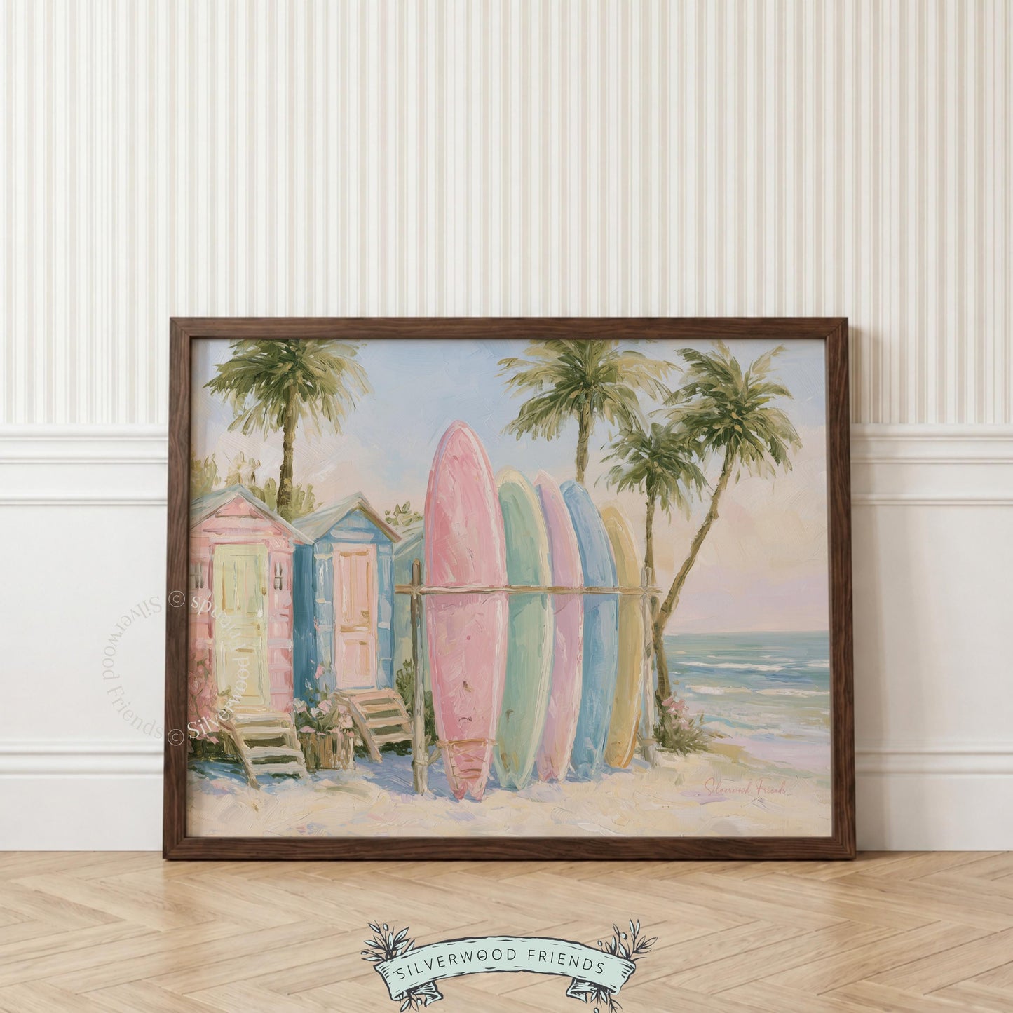 Pastel surfboards picture for coastal lounge area — charming artwork captures summer essence with a laid-back beach atmosphere.