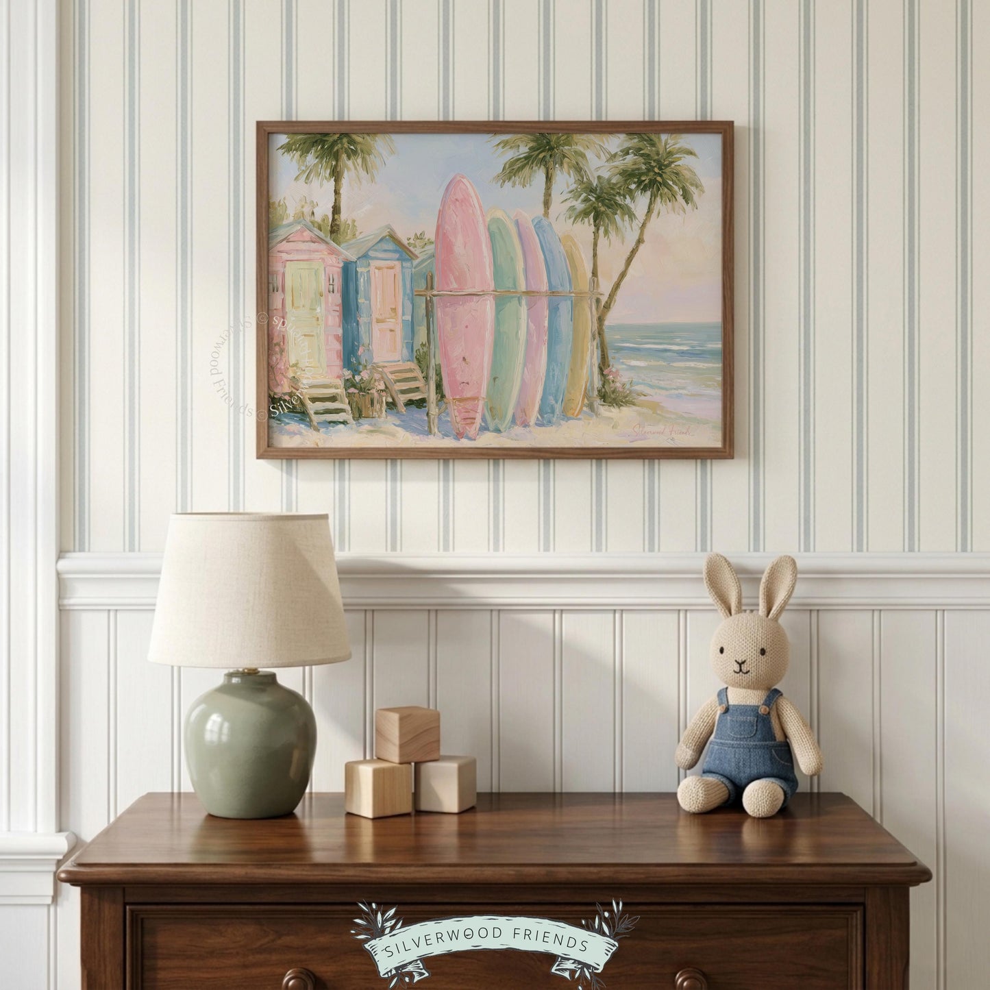 Soft surfboard illustration printable art for craft room — inviting beach-inspired colors foster a creative and inspiring atmosphere.