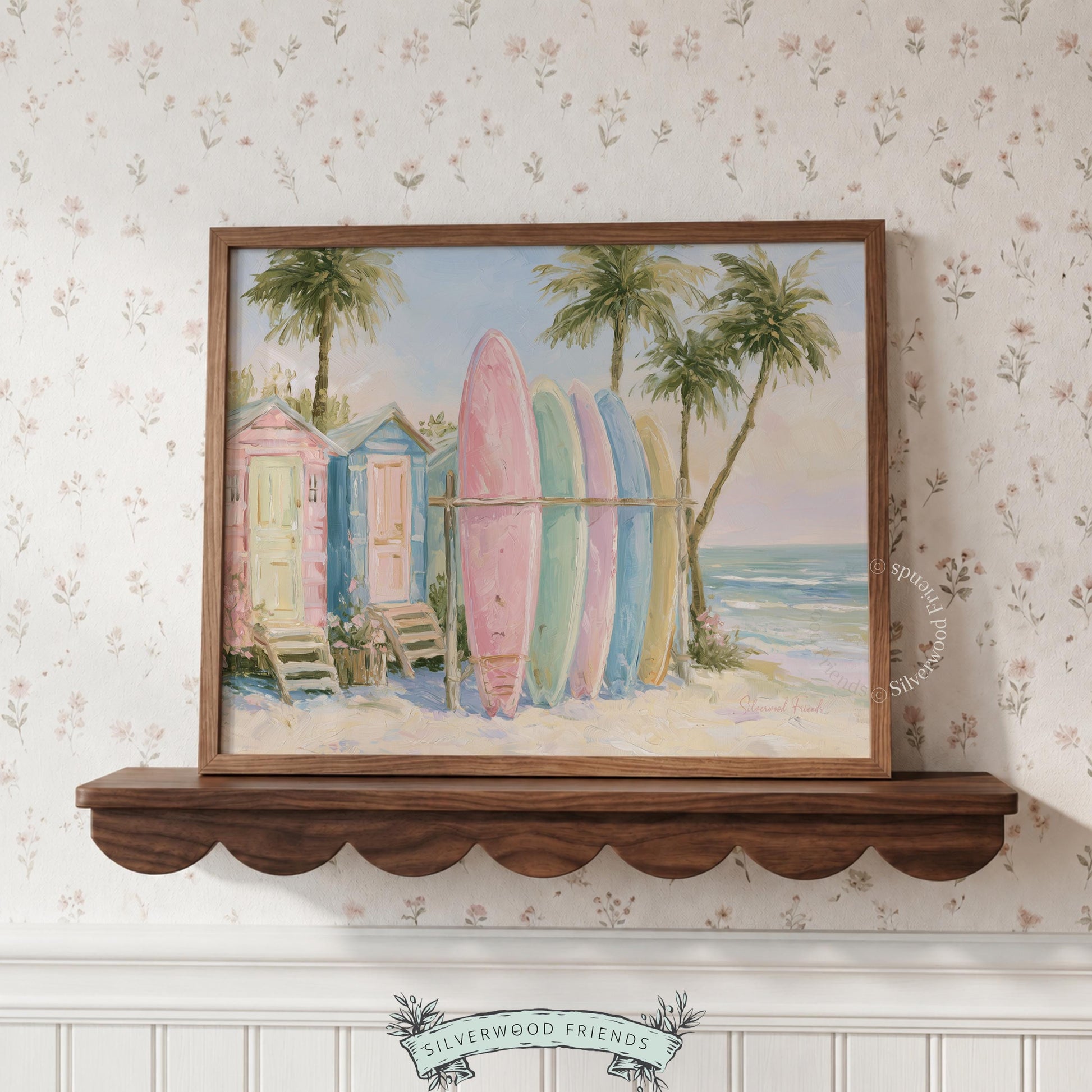 Breezy surfboards art for sunroom — soft watercolor illustration enhances the relaxed, coastal aesthetic of the space.