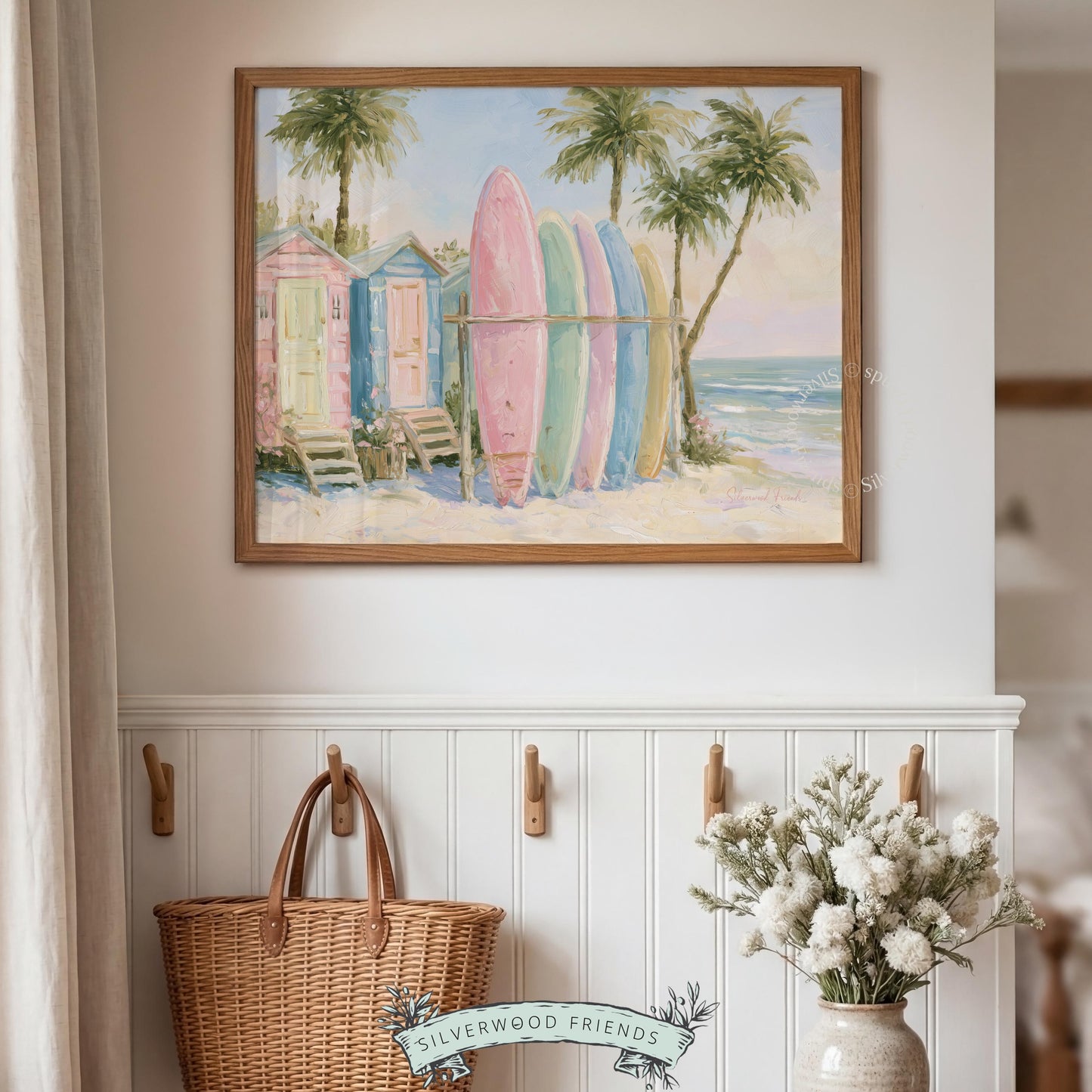 Serene beach surfboard printable art for entryway — soft painterly style conveys tranquility and a coastal summer feel.