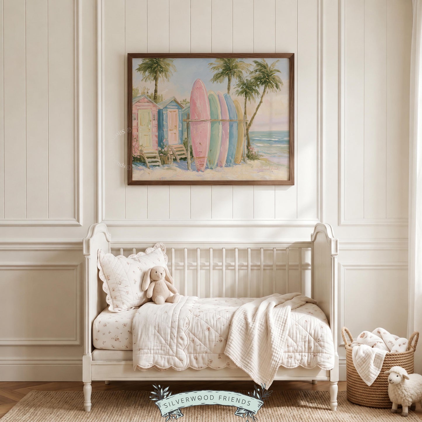 Summery surfboards wall decor for home gym — vibrant colors and coastal elements create an energizing atmosphere.