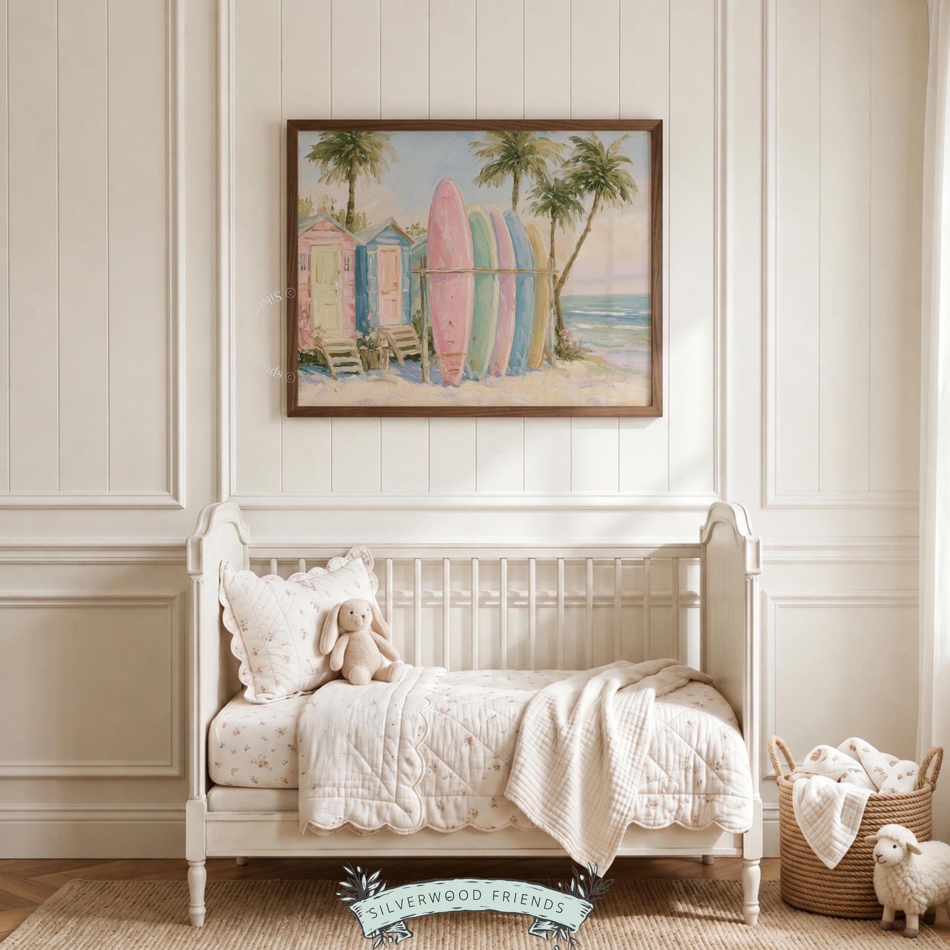 Summery surfboards wall decor for home gym — vibrant colors and coastal elements create an energizing atmosphere.