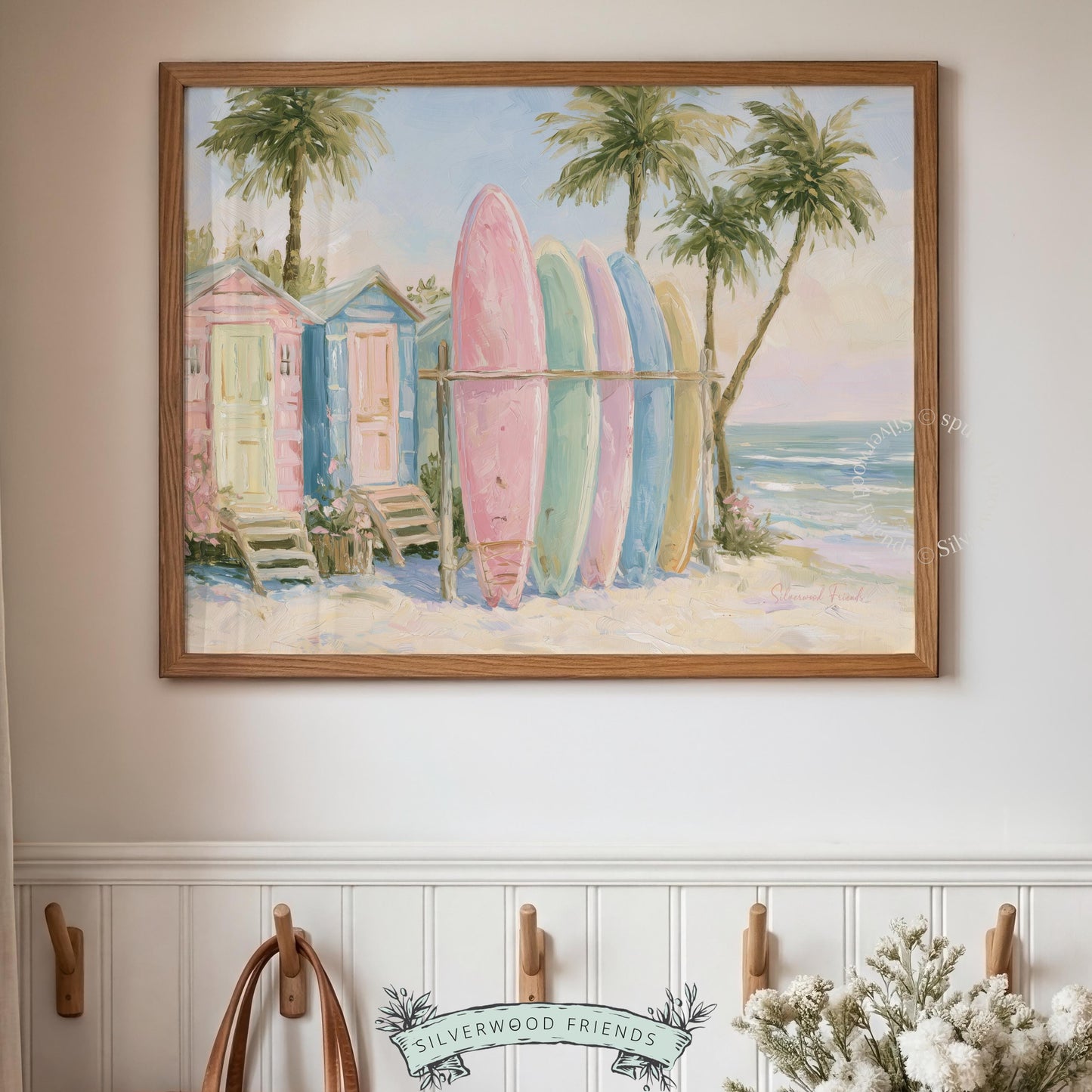 Pastel surfboards art poster for beach house — vibrant illustration capturing sunny coastal vibes and relaxed summer moods.