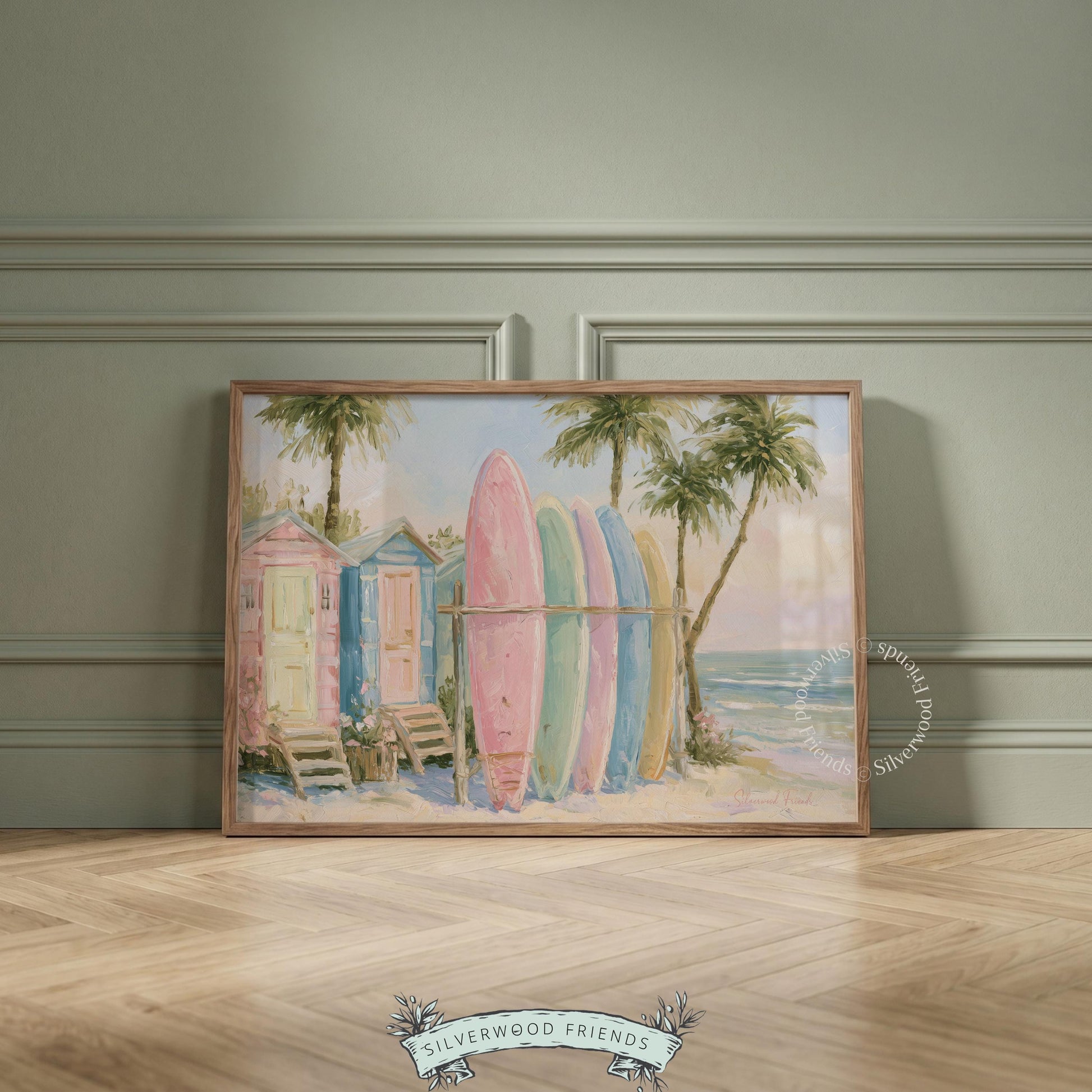 Soft watercolor surfboards artwork for dining room — evoke summer memories with tranquil colors and serene ocean views.