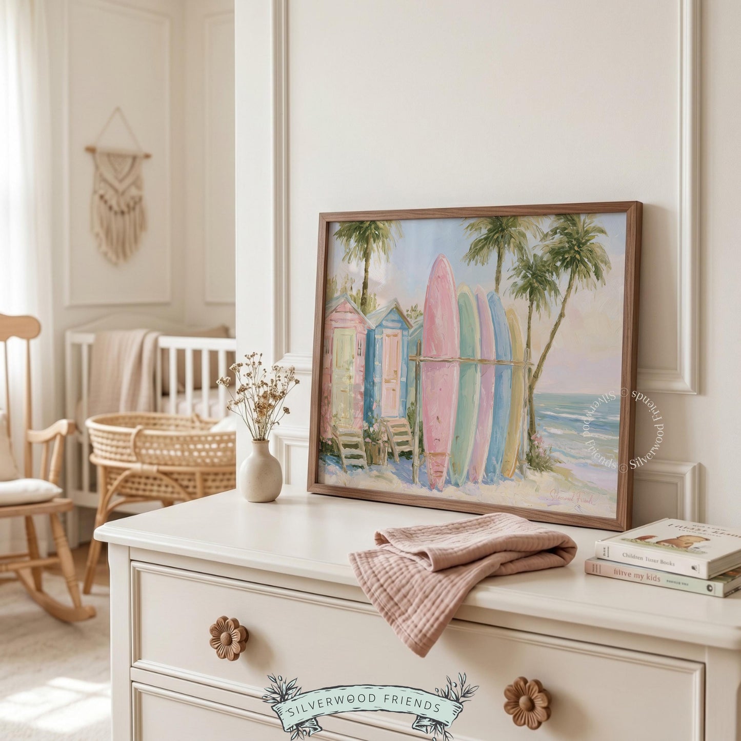 Charming surfboard poster for children’s room — light pastel colors and beach vibes foster a joyful, playful atmosphere.