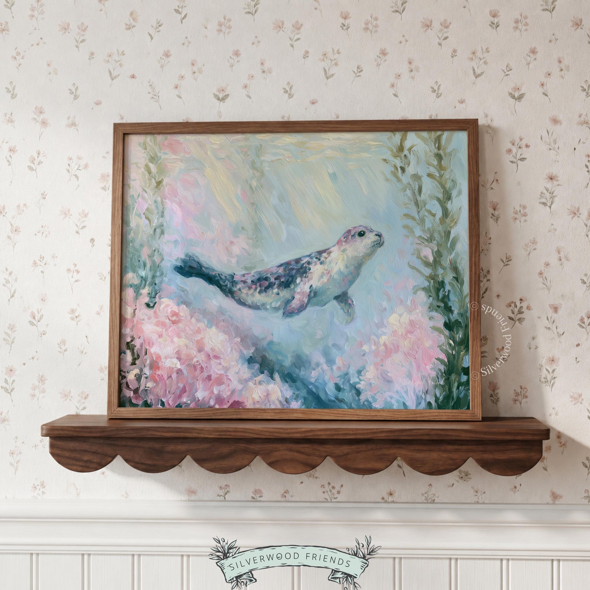 Swimming seal artwork for coastal baby nursery — pastel color palette with impressionistic brushstrokes for a serene seaside vibe.