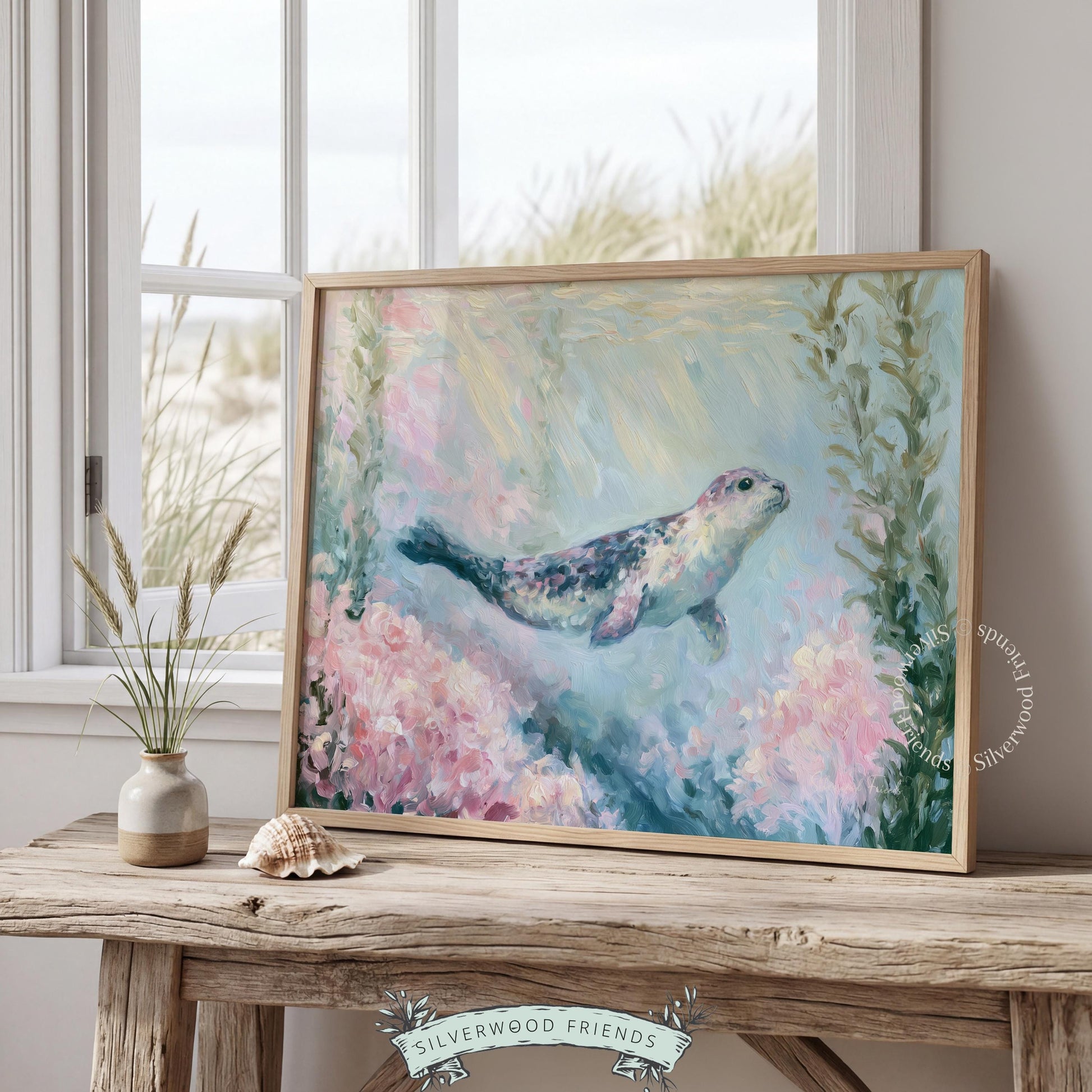 Serene seal picture for coastal-themed nursery — painterly style with calming blue and lavender tones, ideal for sea life enthusiasts.