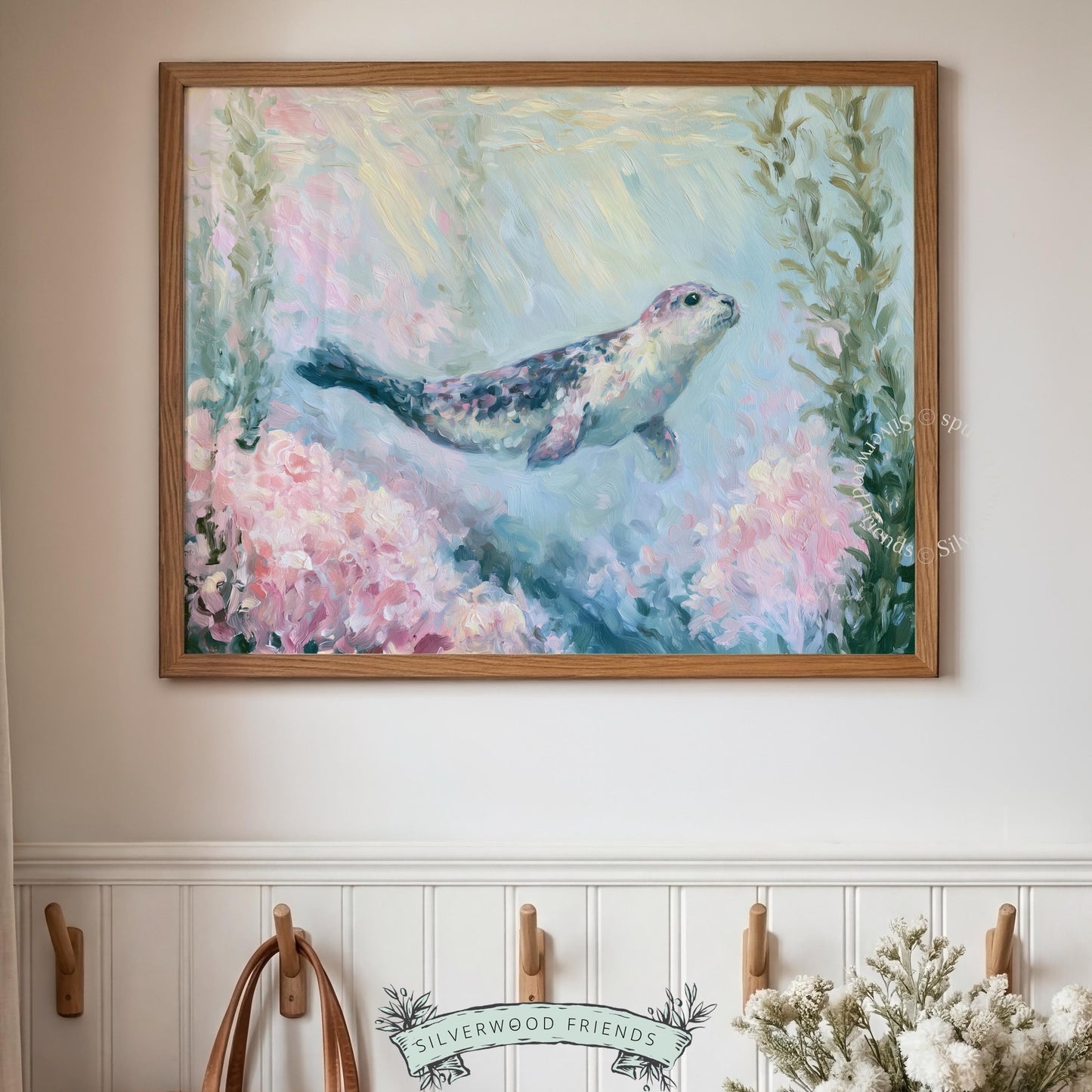 Adorable swimming seal poster for beach nursery — textural artwork with a serene mood and a soft coastal ambiance.