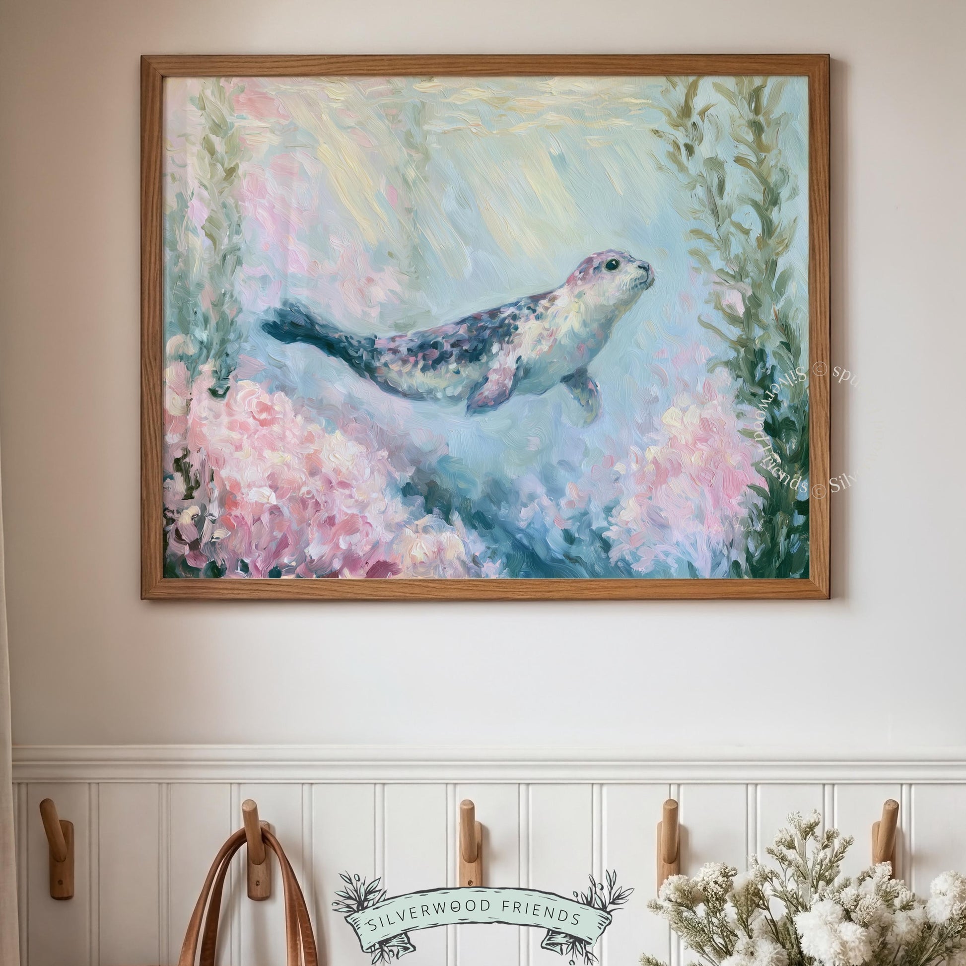 Adorable swimming seal poster for beach nursery — textural artwork with a serene mood and a soft coastal ambiance.
