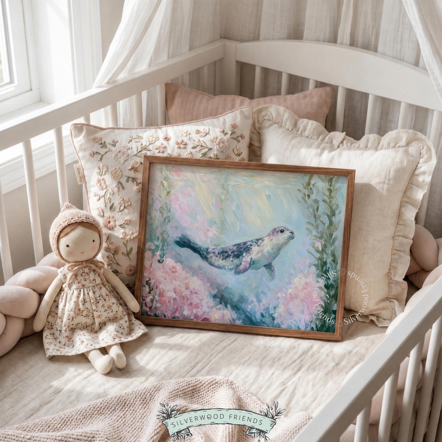 Seal underwater digital print for kids' room — tranquil ocean scene featuring soft coral and kelp in pastel hues, perfect for nursery decor.