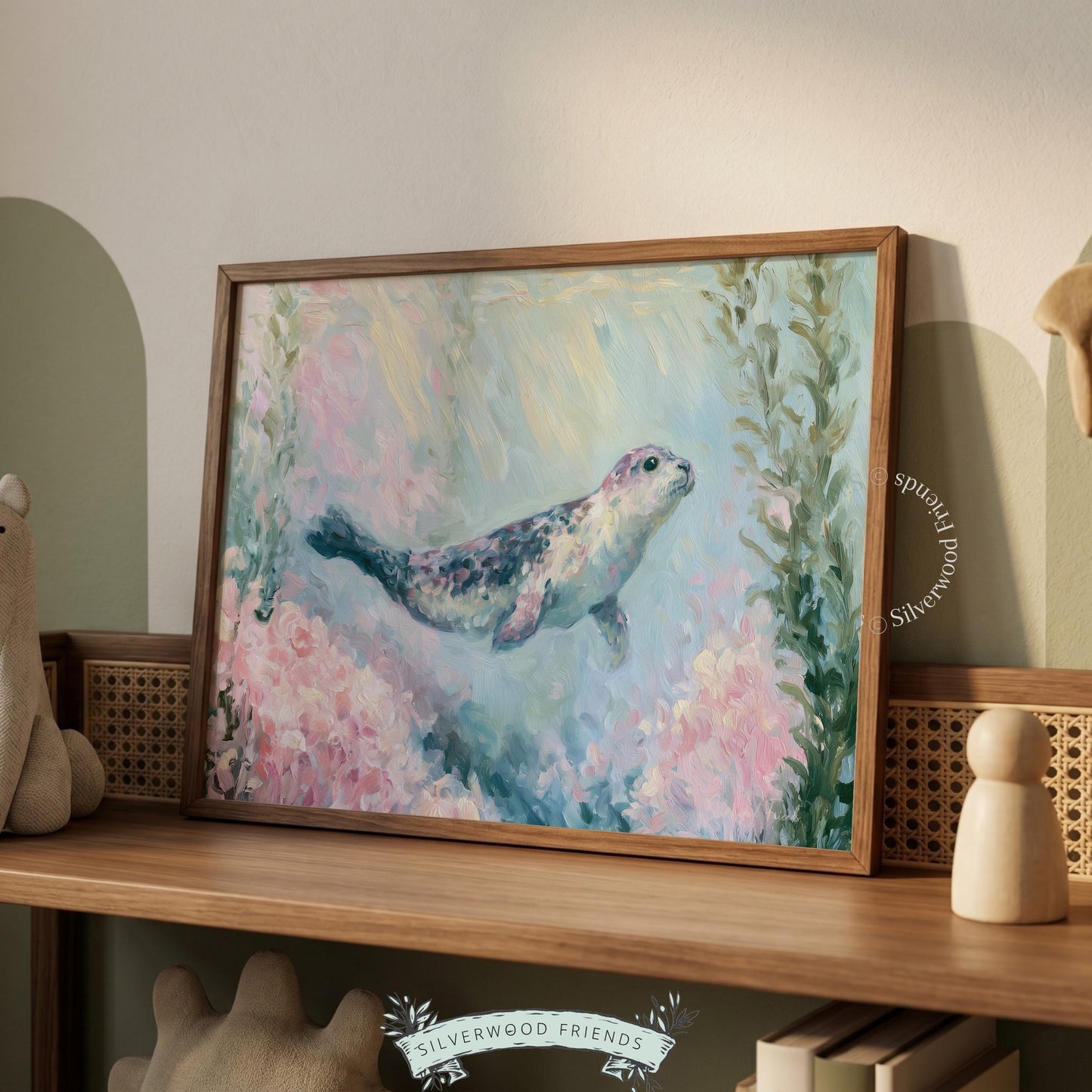 Gentle seal ocean picture for baby's nursery — soothing pastel marine life artwork with soft textures for a tranquil atmosphere.